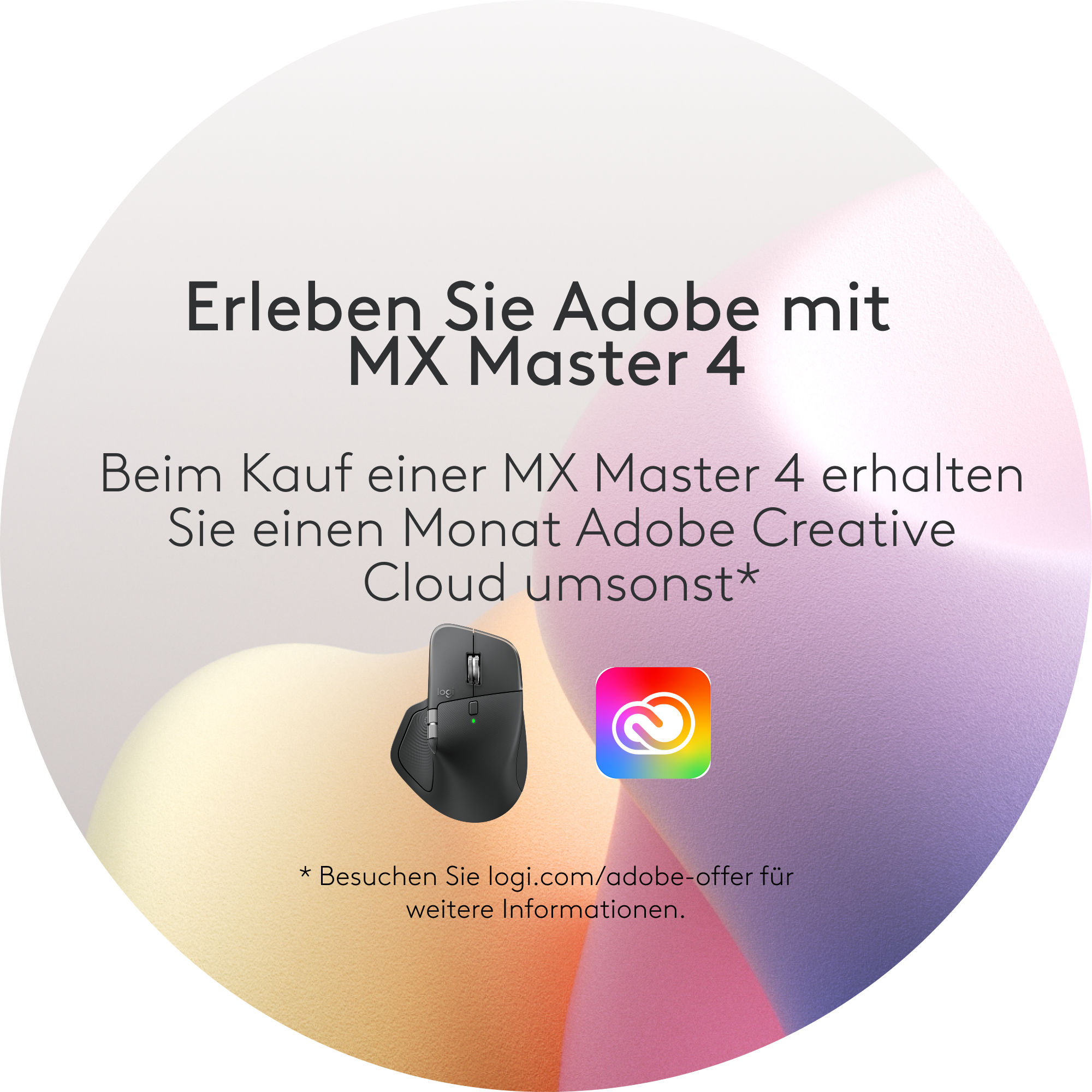 Werbung für Adobe mit einer MX Master 4 Maus. Enthält Adobe-Logo und Textwerbung.