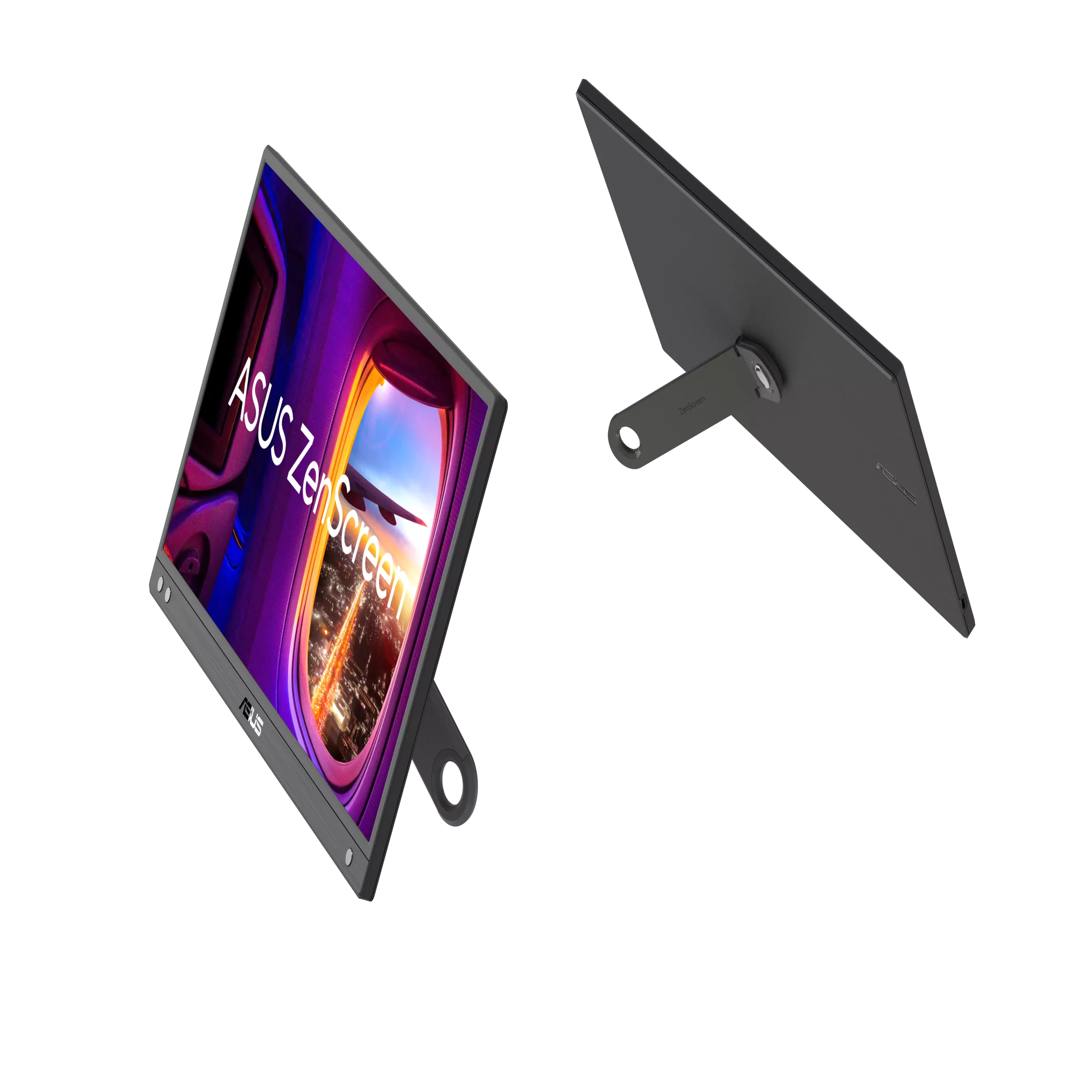Két ASUS ZenScreen monitor fekete háttér előtt. Az egyik naplementét, a másik a hátulját mutatja.