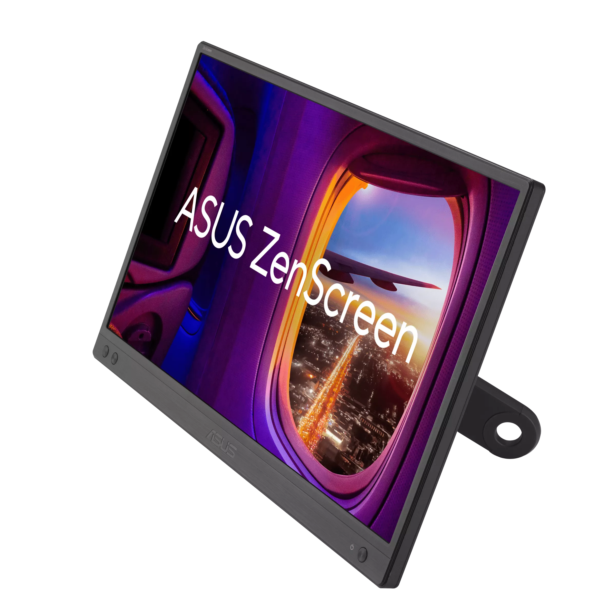 Egy ASUS ZenScreen monitor repülőgépablakból látható városi fényeket jelenít meg. A monitor fekete, fekete háttéren.