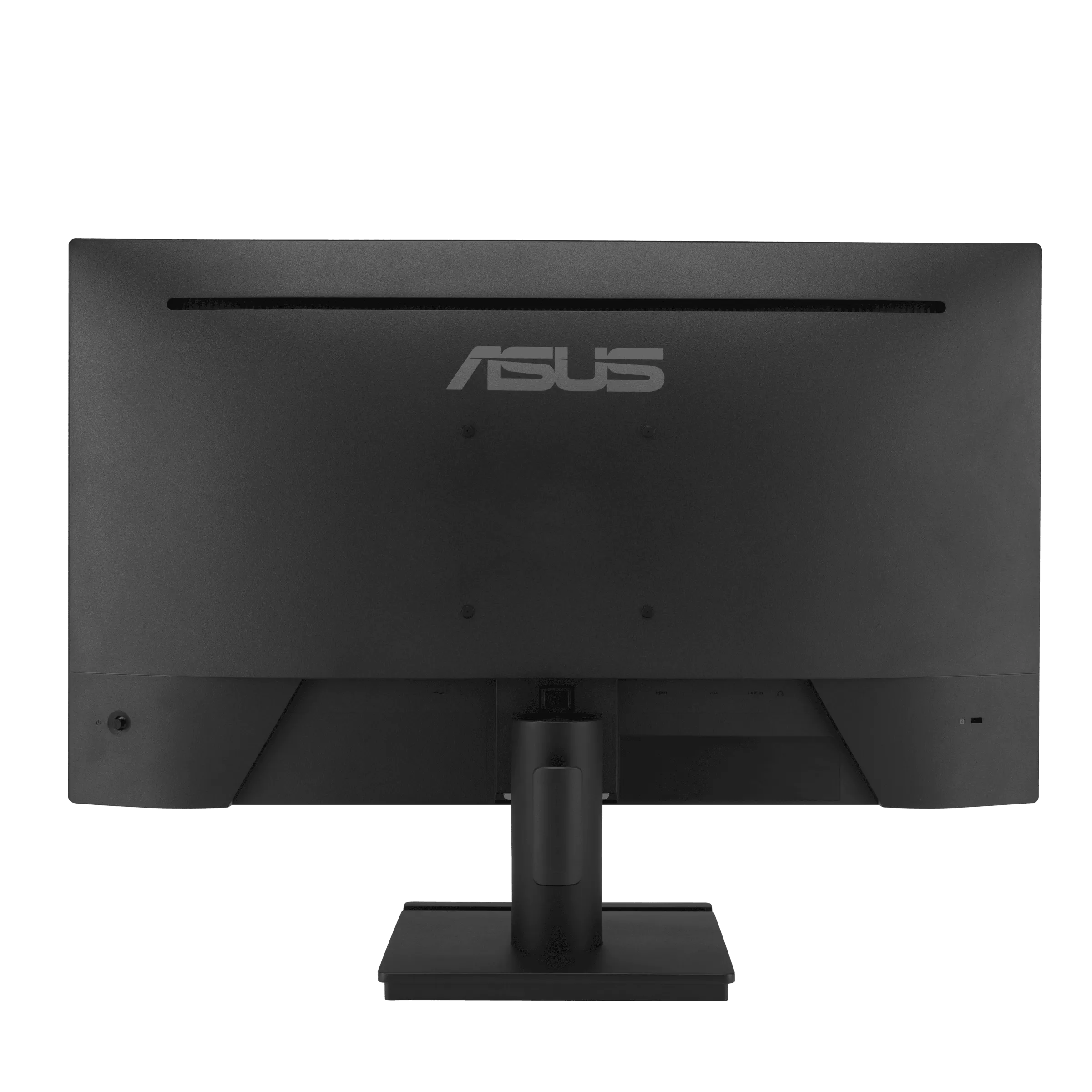 Fekete ASUS monitor hátulja, logóval, állvánnyal és portokkal. Fekete háttér.