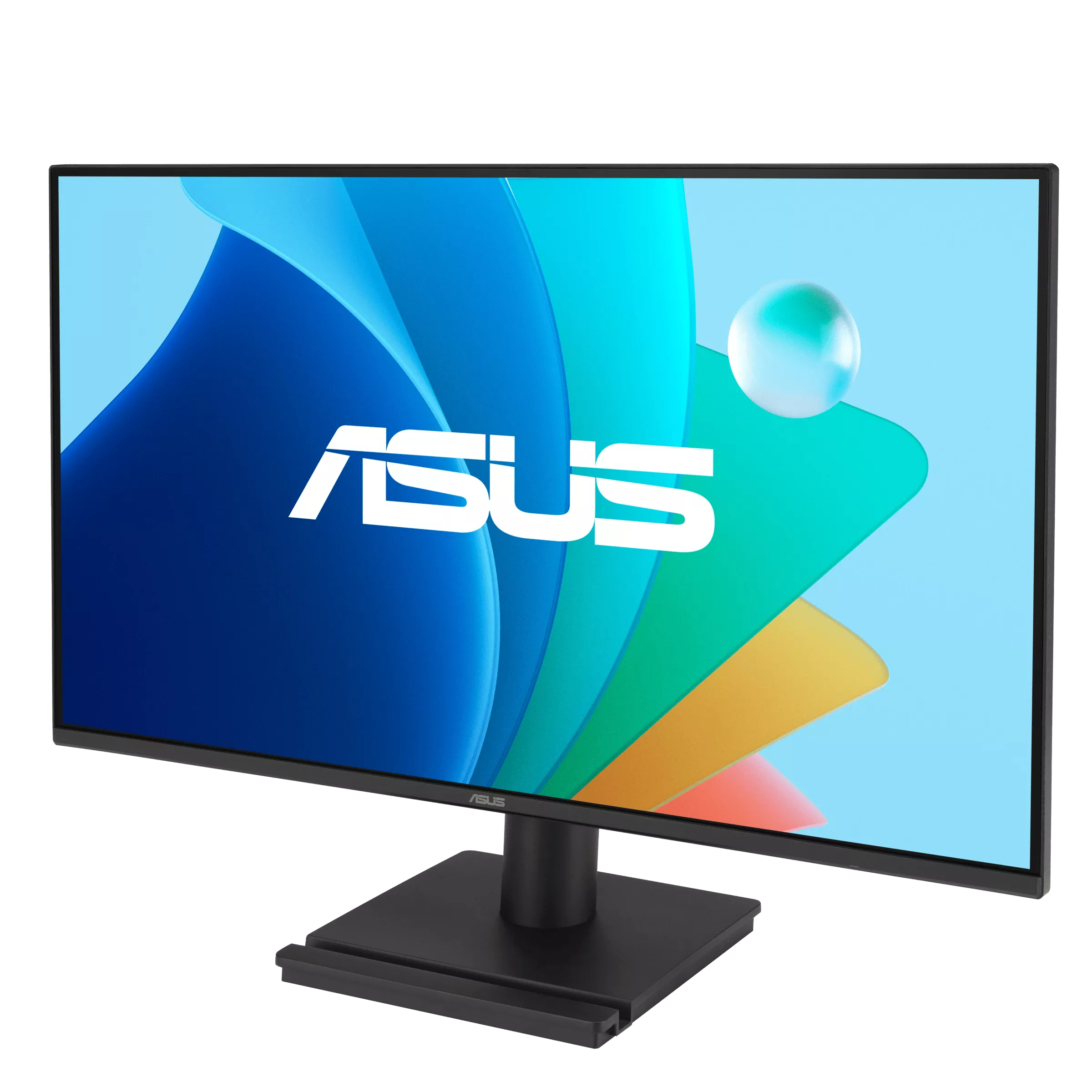 ASUS monitor fekete felületen, kék, zöld és sárga absztrakt háttérrel. Az ASUS logó látható.