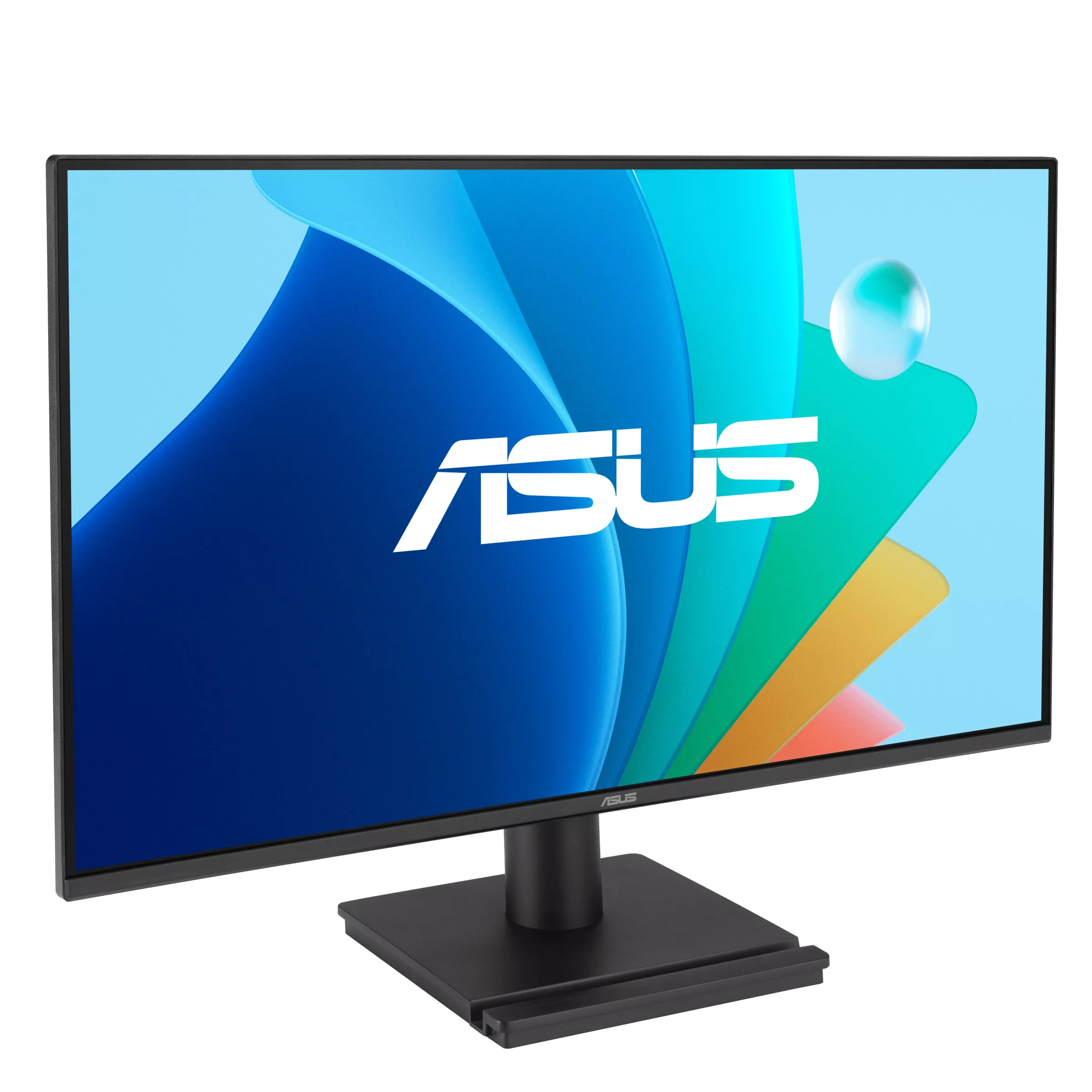 ASUS monitor logóval. A képernyő kék és zöld formákat mutat fehér ASUS logóval.