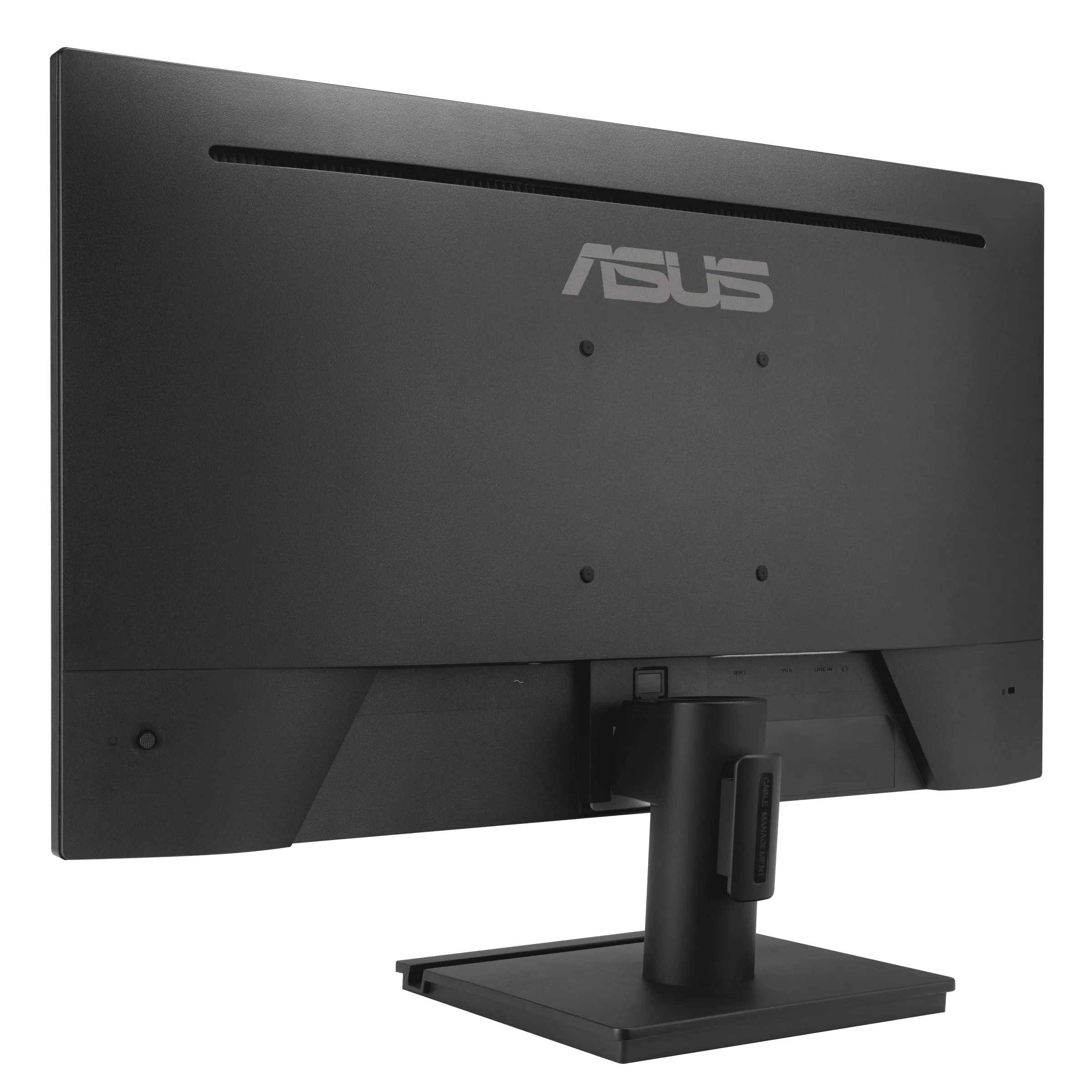 Egy fekete ASUS monitor hátulja. Látható az ASUS logó, a portok és az állvány.