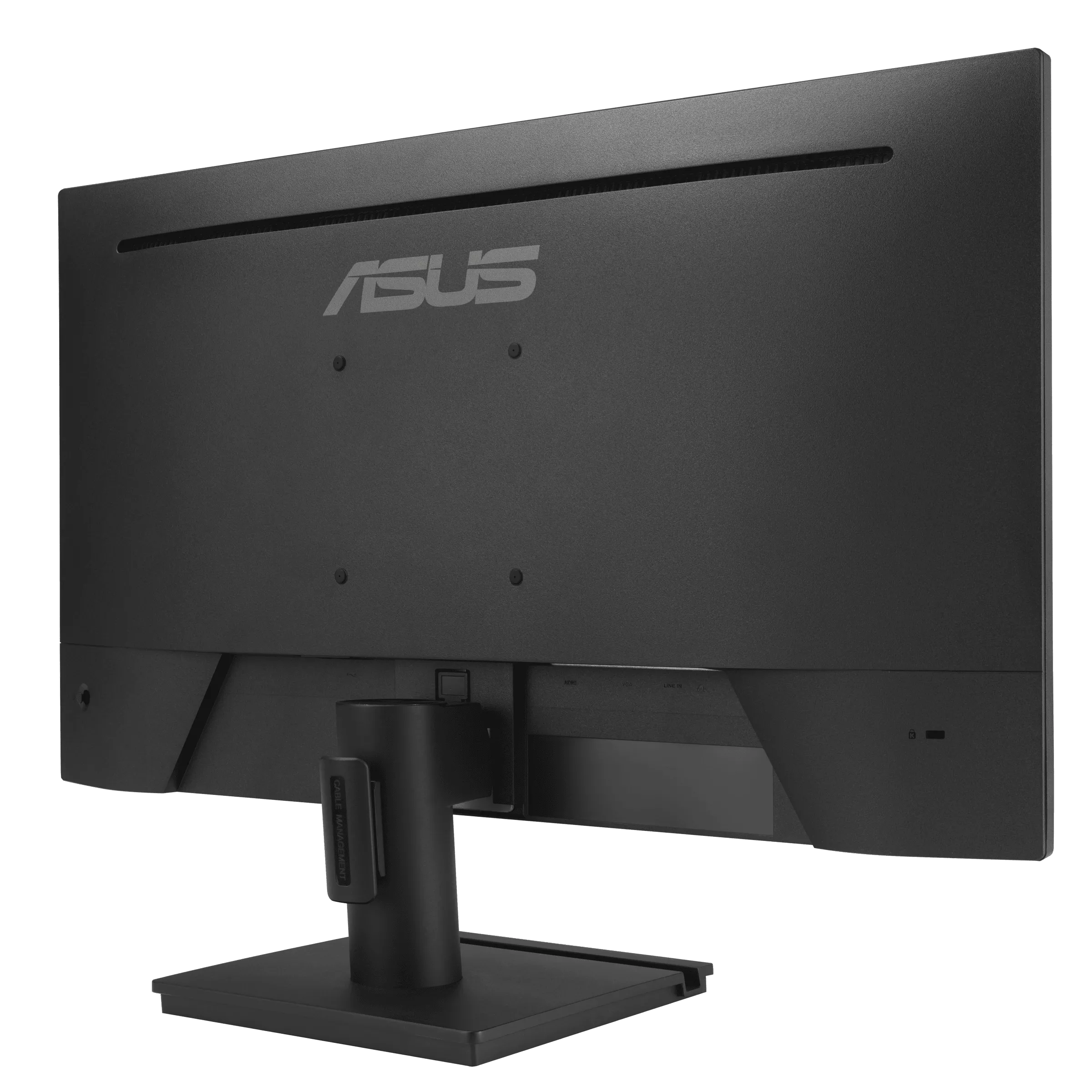 Fekete ASUS monitor hátulja, állvánnyal. ASUS logó középen. Portok és állvány láthatók.