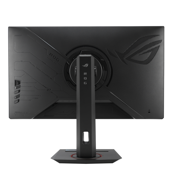 Egy fekete ROG gaming monitor hátulnézete. Van egy állványa, egy logója és különböző portjai. A képernyőn a szöveg: ROG és FOR THOSE WHO DARE.