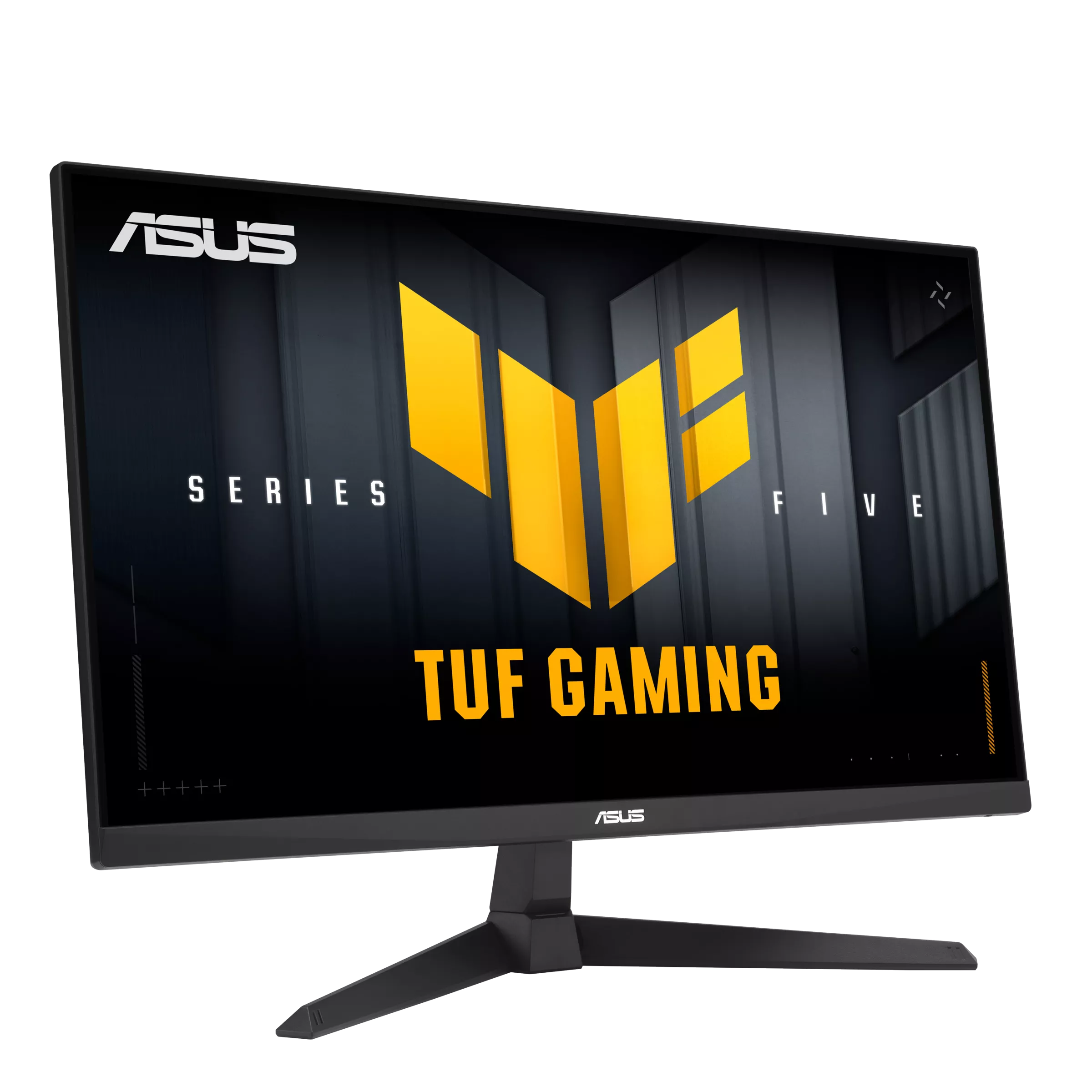 Egy fekete ASUS TUF gaming monitor. A TUF gaming logót jeleníti meg, és fekete állványa van. A háttér fekete.