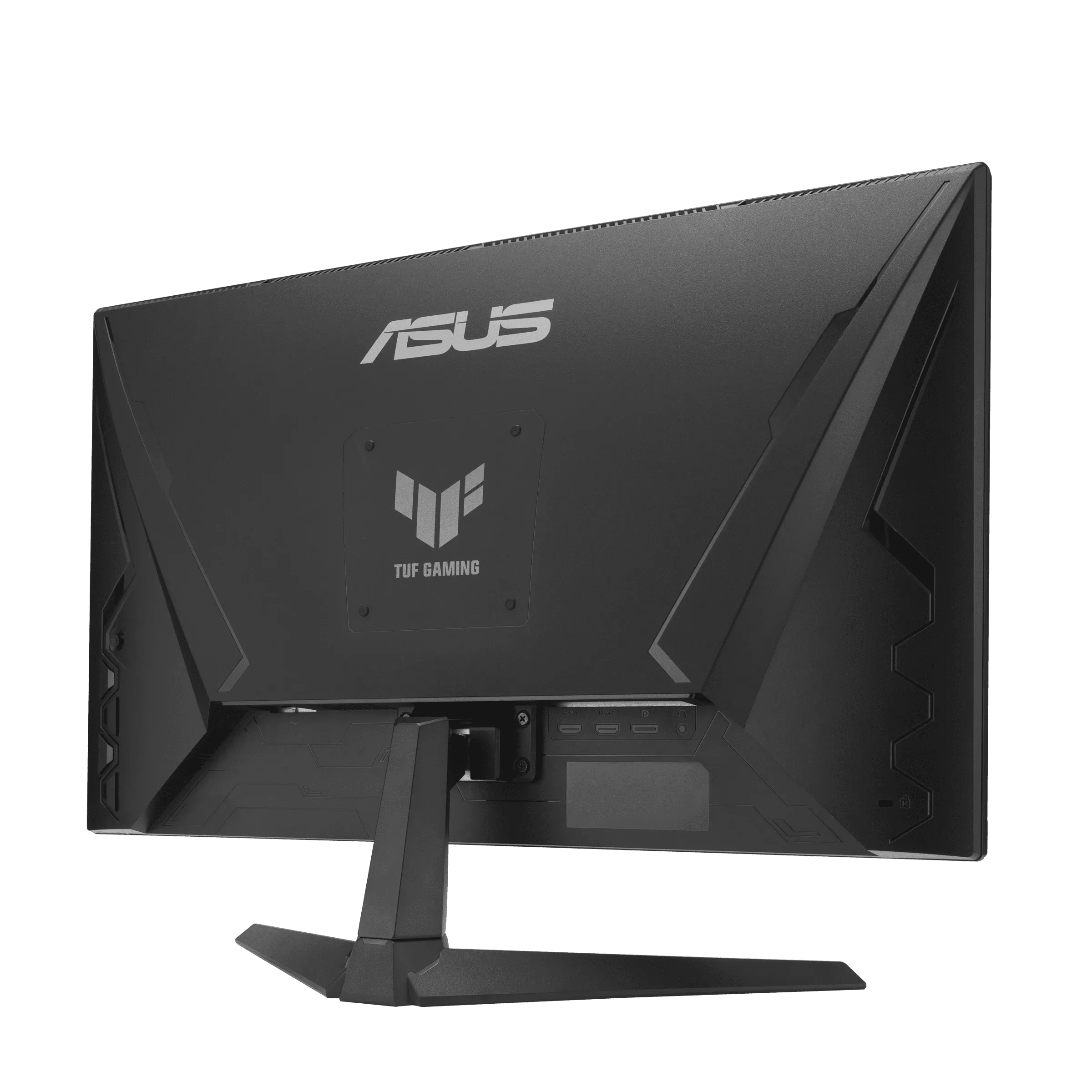 Egy fekete ASUS TUF Gaming monitor hátulról. Logók és portok láthatók. Az állvány is fekete.