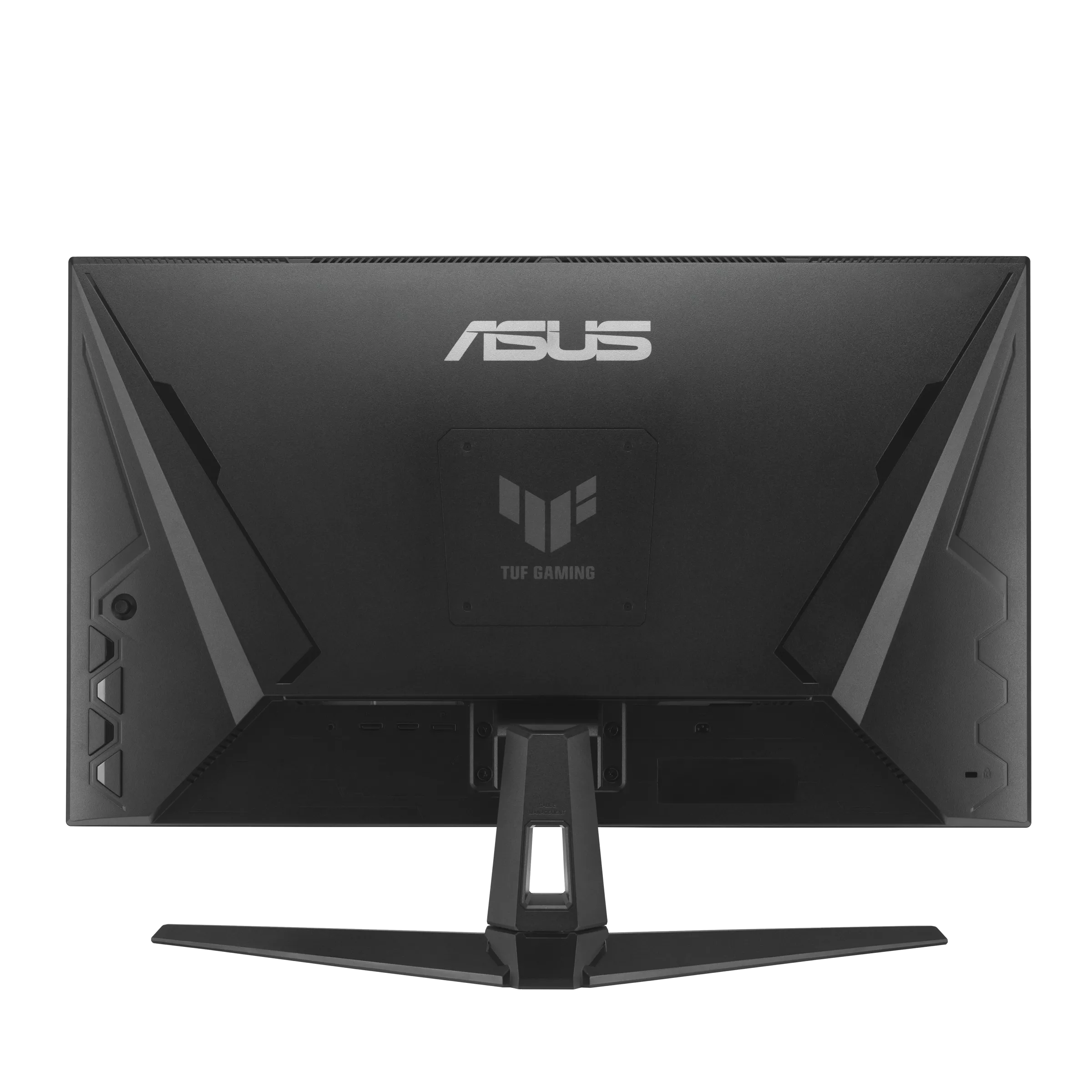 Fekete ASUS TUF Gaming monitor hátlap. ASUS logó, TUF Gaming márka, és állvány látható.