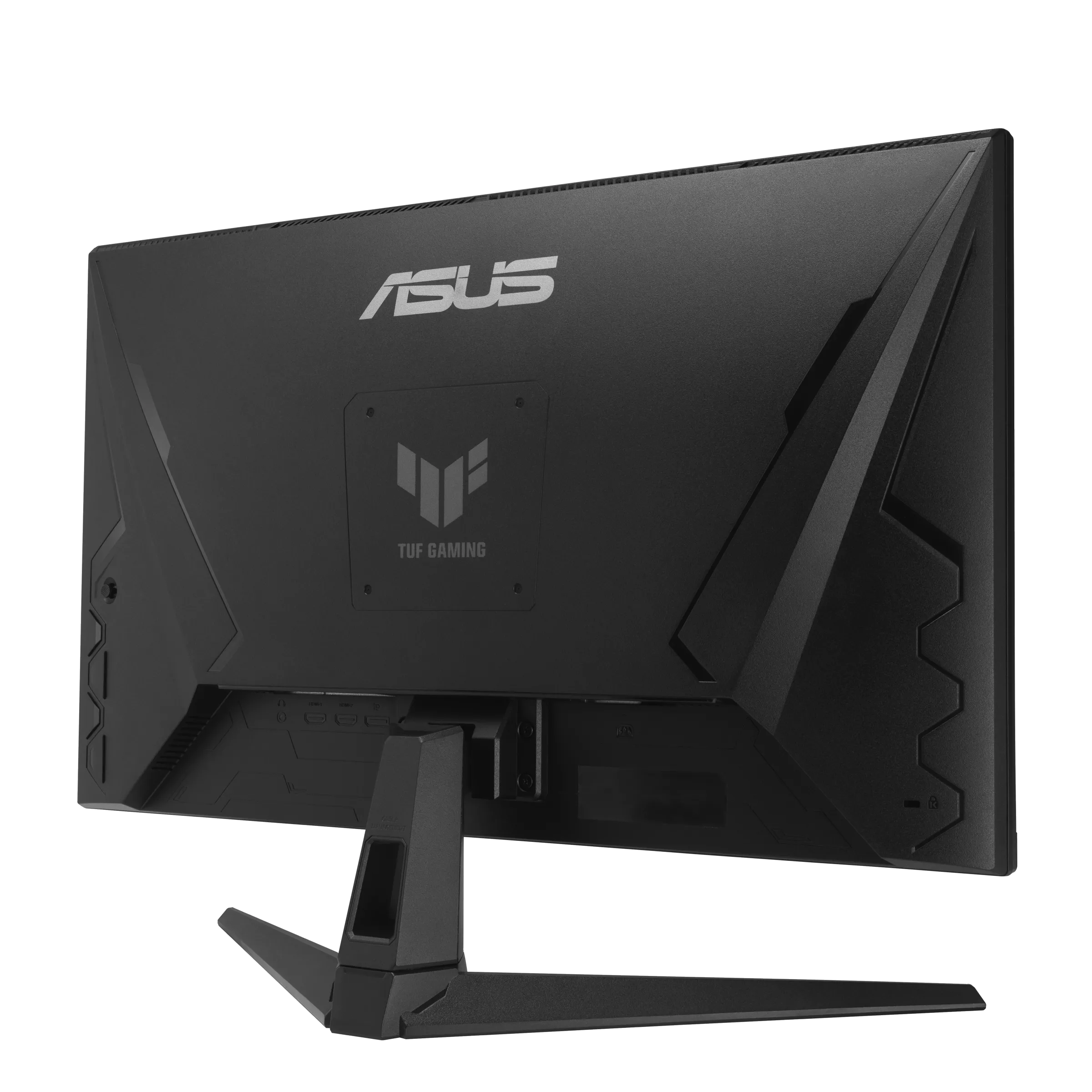 Egy fekete ASUS TUF Gaming monitor hátulja. Logók és portok láthatók. Az állvány is fekete.