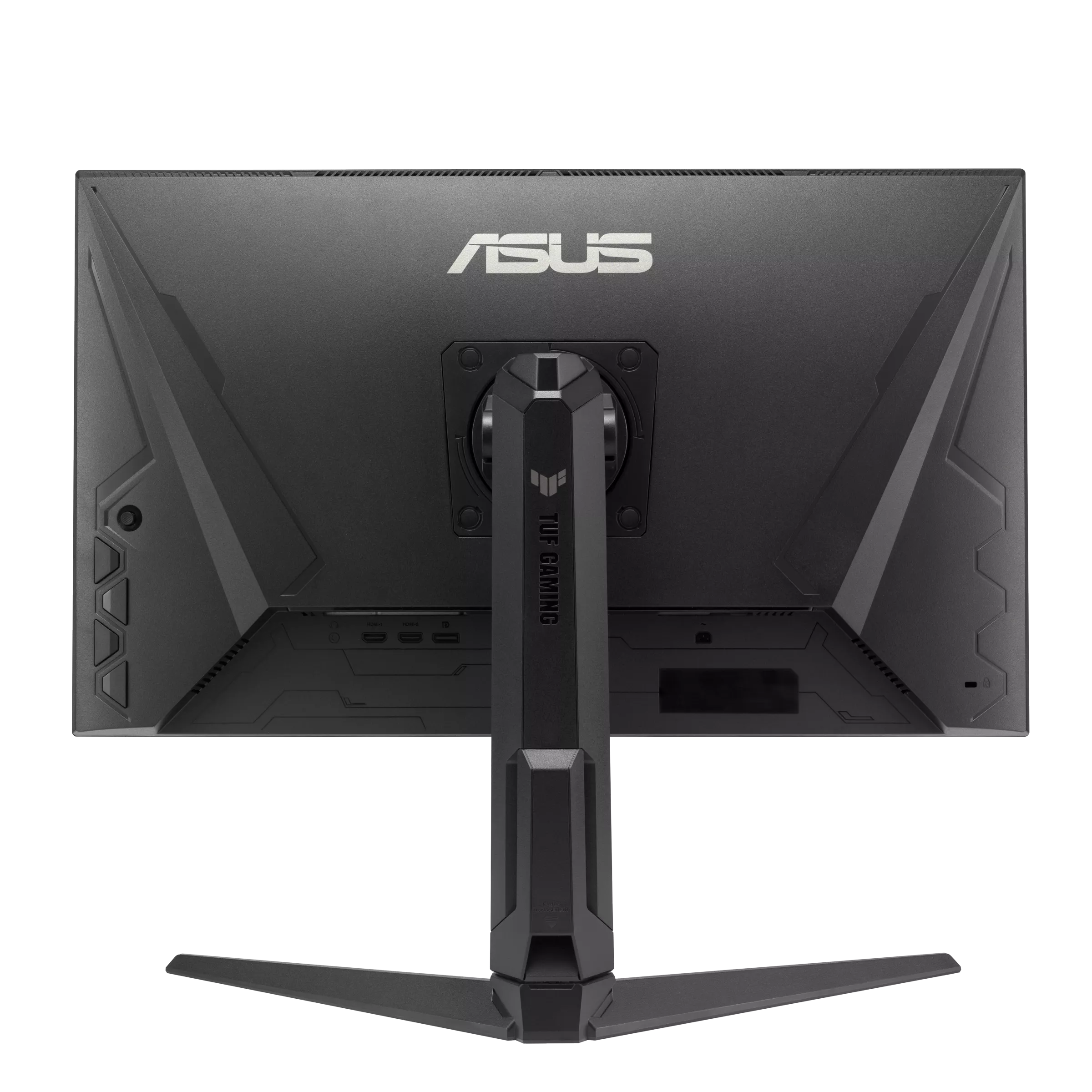 Egy fekete Asus TUF Gaming monitor hátulja. A tartóláb csatlakoztatva, a logó látható. Sötét háttér.