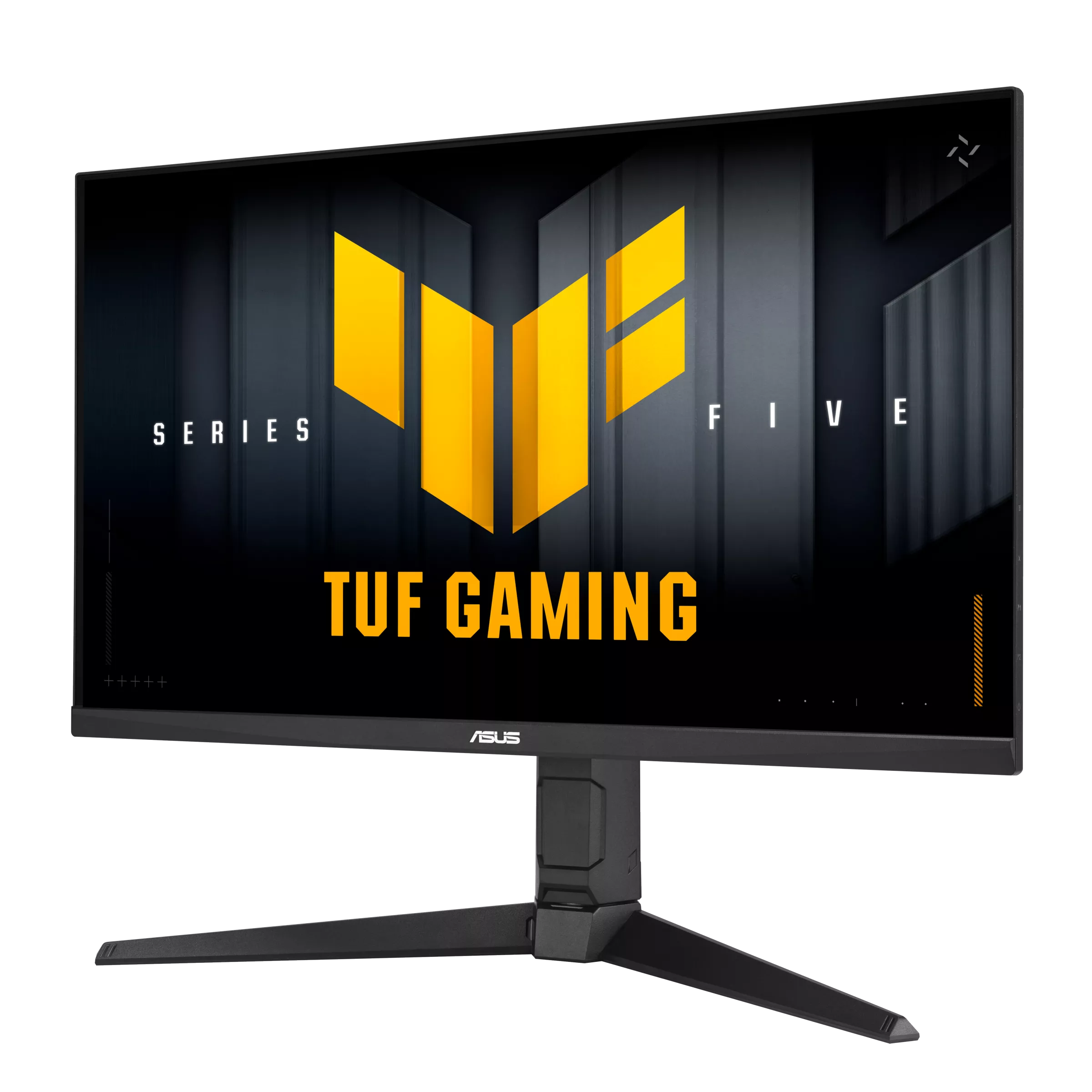 Egy fekete ASUS TUF Gaming monitor sárga logóval. A képernyőn a 'TUF GAMING' és a 'SERIES FIVE' felirat látható.