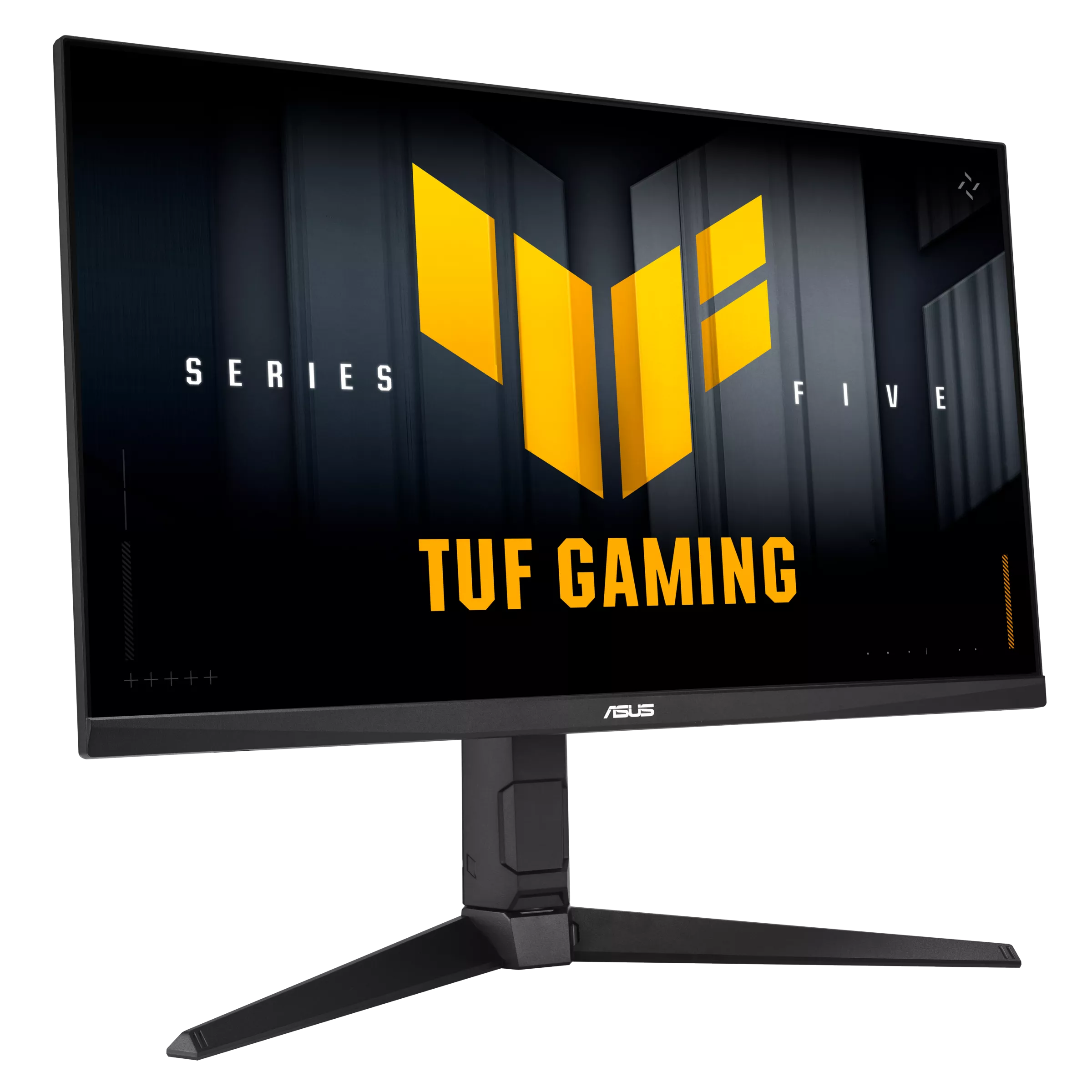 Egy fekete számítógép-monitor, rajta a 'TUF GAMING' felirattal narancssárga színben. A képernyőn sárga formák láthatók. A monitor fekete állvánnyal rendelkezik, és az ASUS logóval.