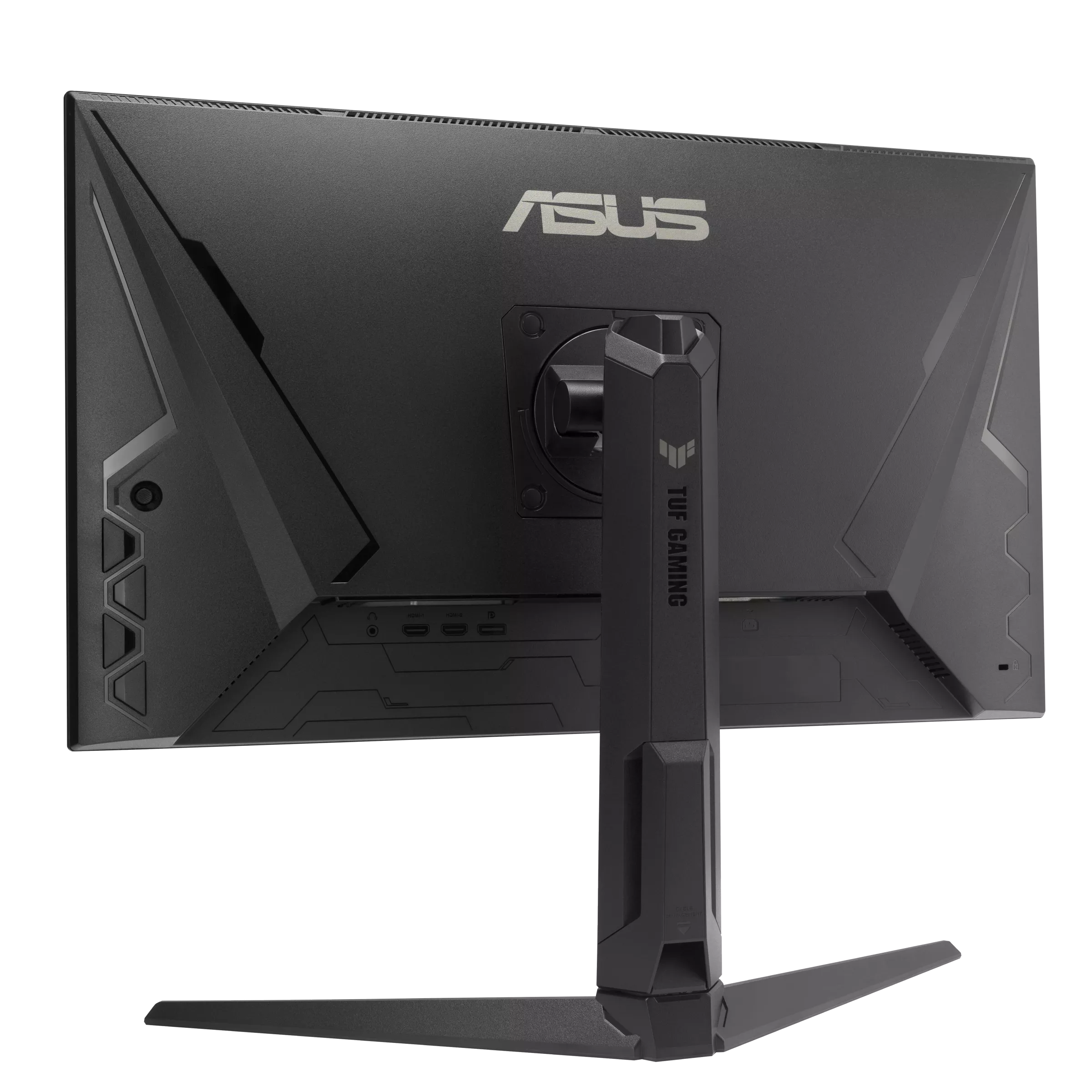 Egy fekete ASUS TUF Gaming monitor hátulja. ASUS logóval, állvánnyal és különböző portokkal. Fekete háttér.