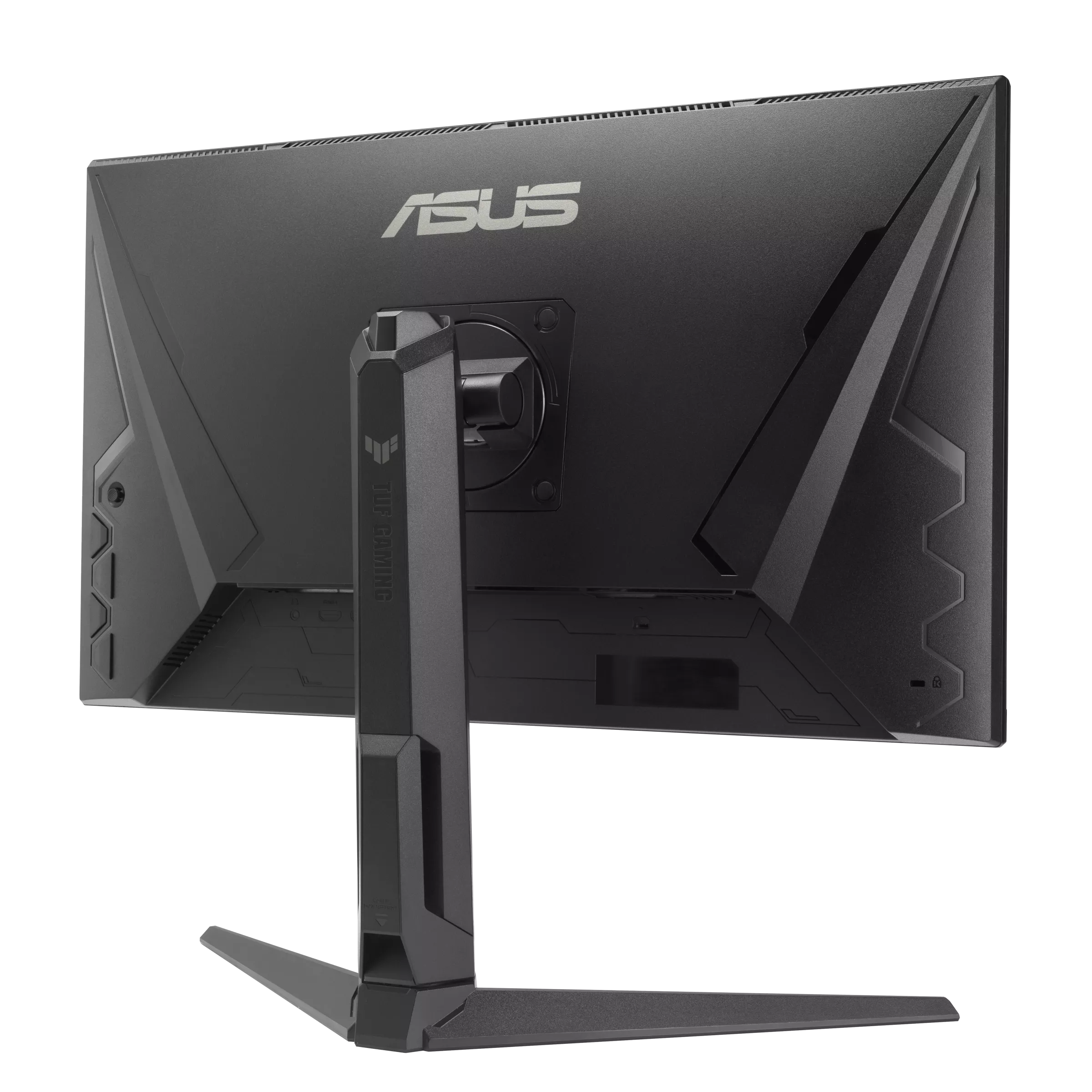 Egy fekete ASUS gaming monitor hátulja. Az állvány is fekete. A monitoron az ASUS logó látható.