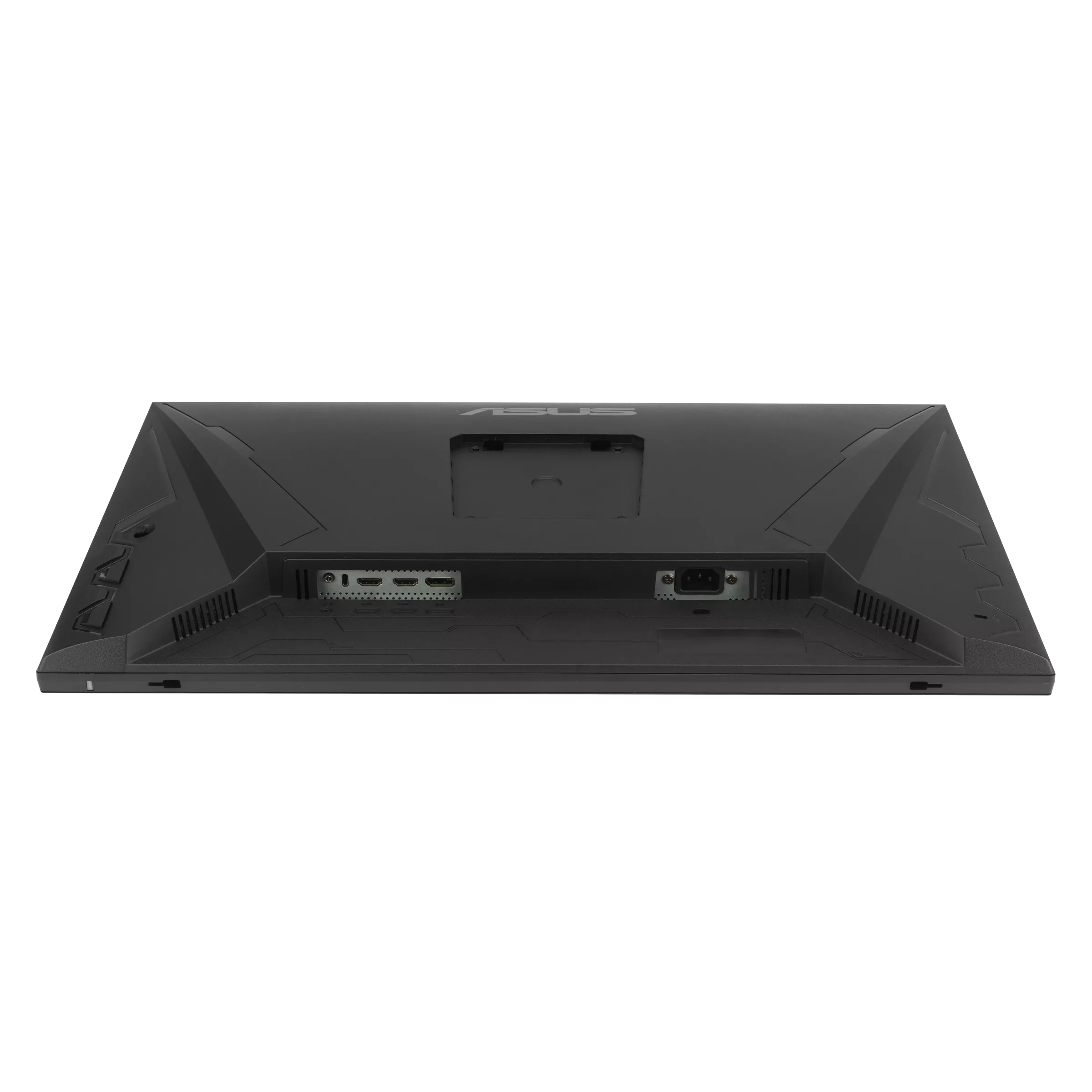 Fekete számítógép monitor hátulról, csatlakozókkal és az ASUS márkanévvel.