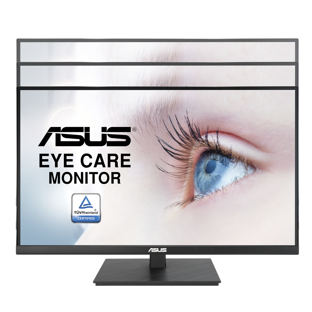 ASUS Eye Care monitor, egy kék szem közeli képével. A monitornak fekete kerete és állványa van. Az ASUS logó látható.