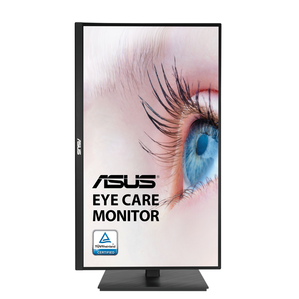 ASUS szemkímélő monitor. Kék szem közeli képe hosszú szempillákkal. A monitoron a márkalogó és egy tanúsító jelvény látható.