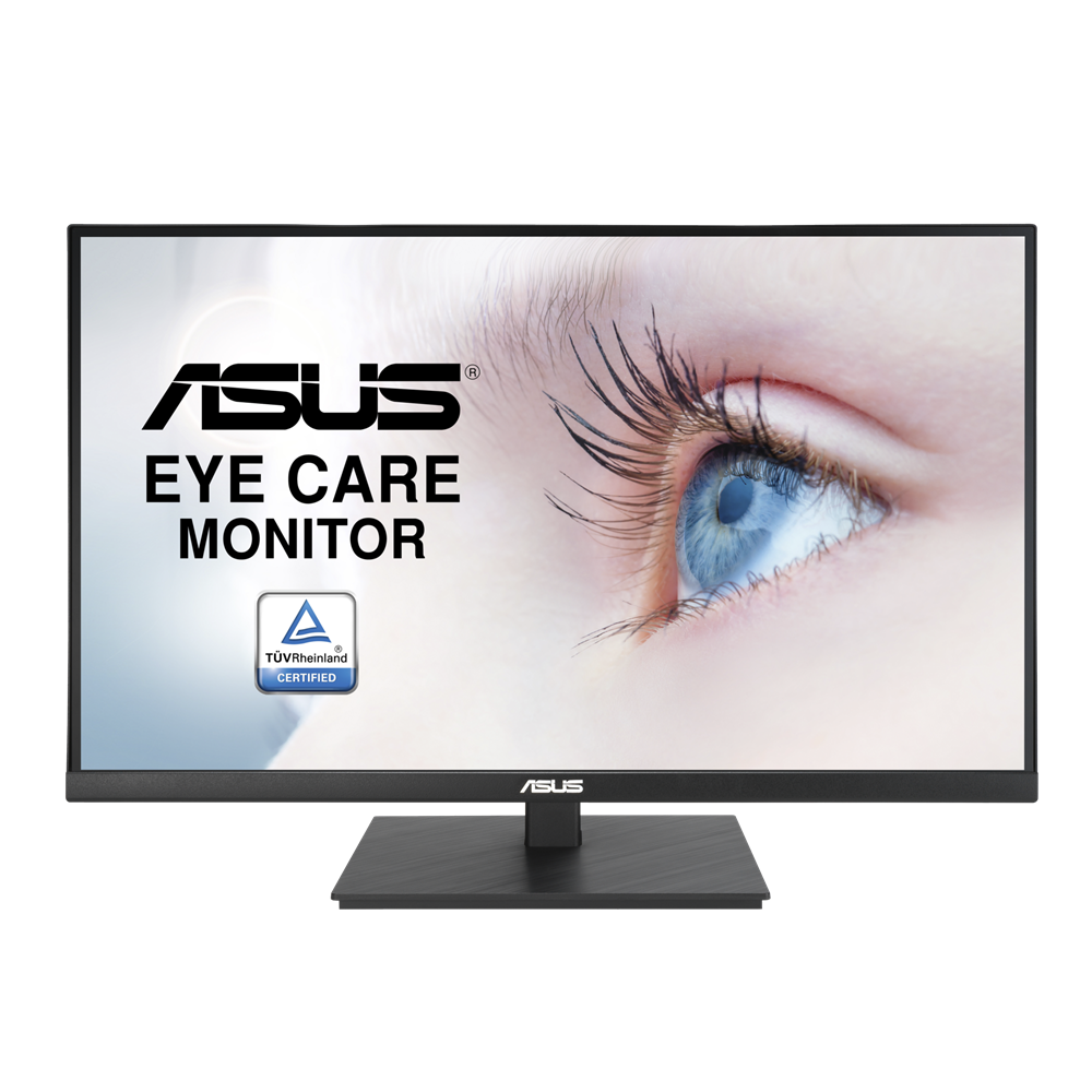 ASUS Eye Care monitor. A képernyő kék íriszű szemet mutat. A monitor fekete kerettel és állvánnyal rendelkezik, ASUS logóval.