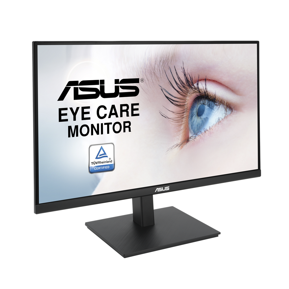 ASUS Eye Care monitor. A képernyő egy szem közeli képét mutatja, az ASUS logóval és TÜV Rheinland tanúsítvánnyal.