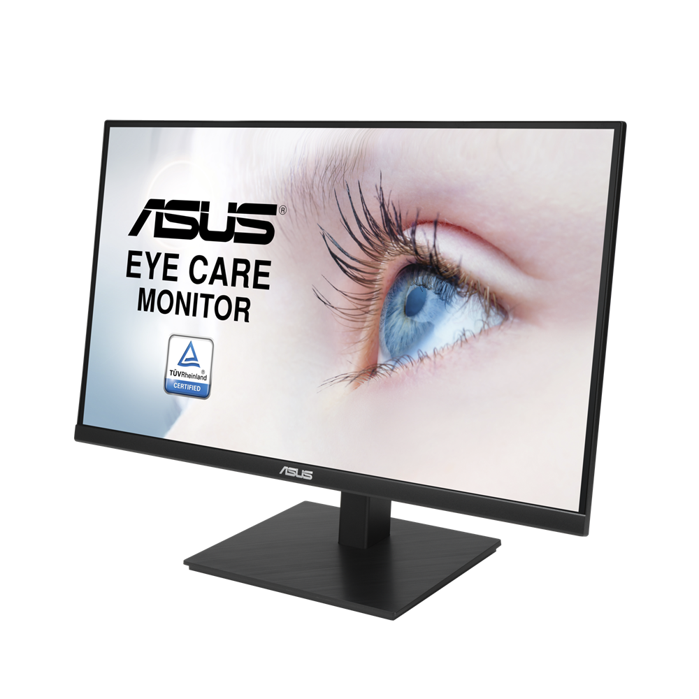 Egy ASUS szemkímélő monitor egy szem közeli képét mutatja. A képernyőn egy szem és az ASUS logója látható. A monitor fekete állvánnyal rendelkezik.
