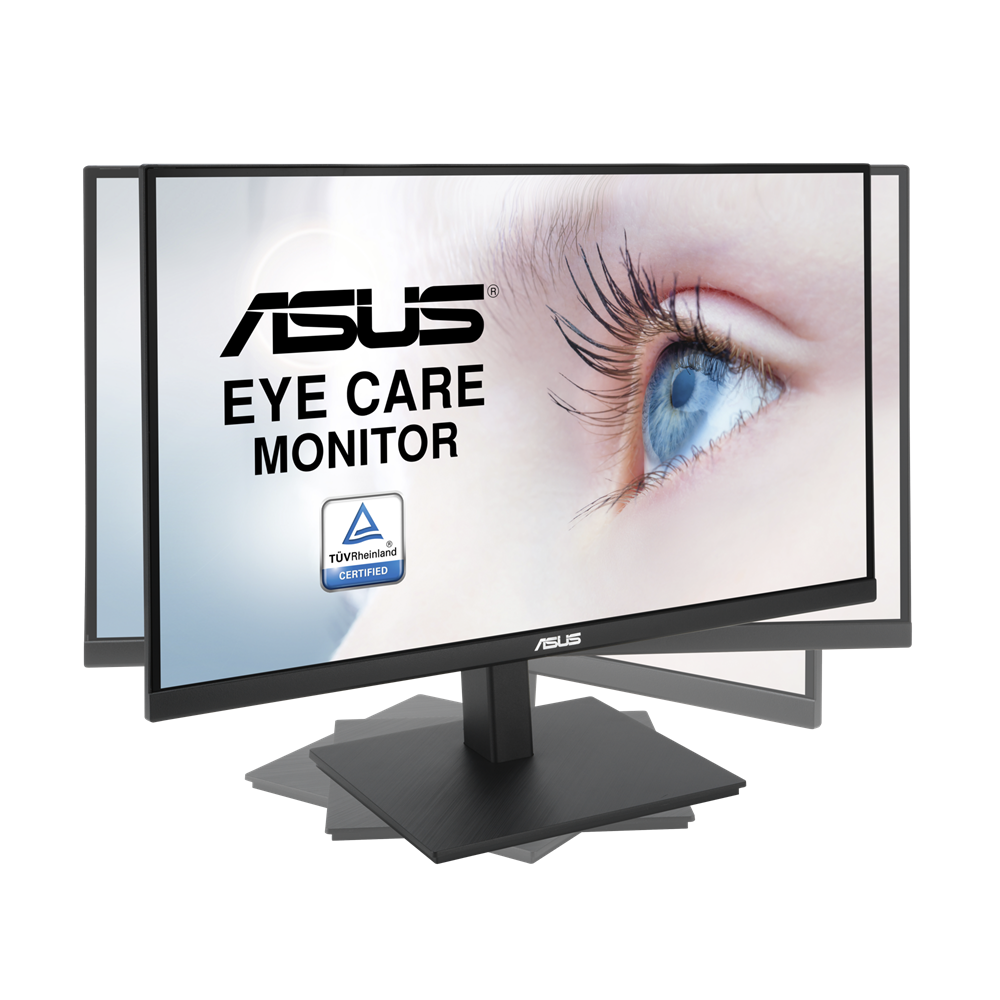 Egy ASUS Eye Care monitor. A képernyő egy szem grafikát jelenít meg. A monitor fekete, és az ASUS logóval rendelkezik.