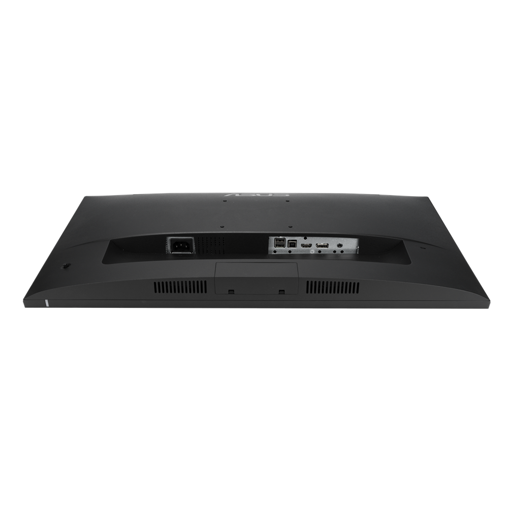Fekete számítógép monitor hátulja, látható csatlakozókkal. Táp bemenet, USB, HDMI és audio portok. Sötét háttér.