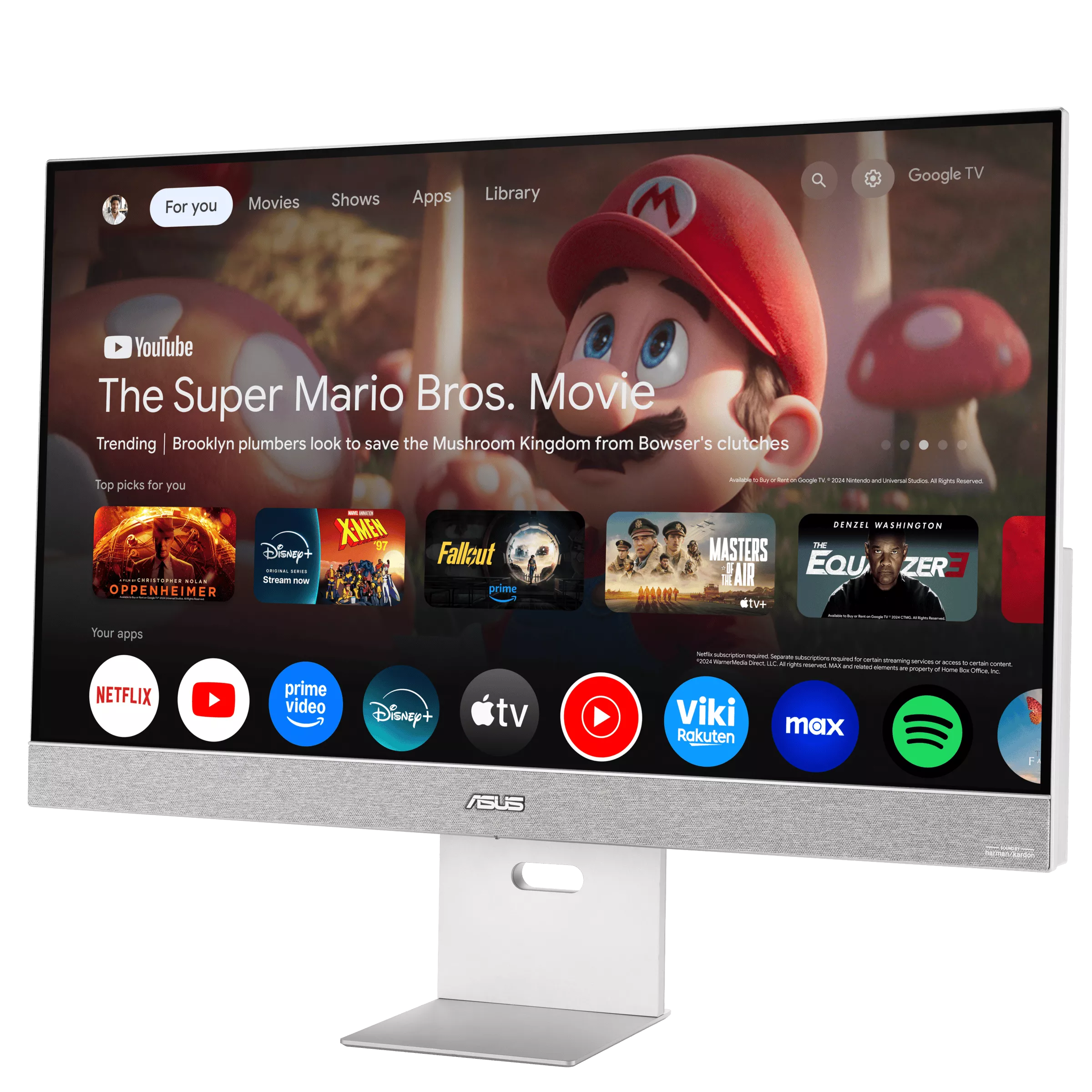 Egy számítógép monitor a Super Mario Bros. Movie előzetesét és streaming alkalmazás ikonokat jelenít meg. Az ASUS logó látható.