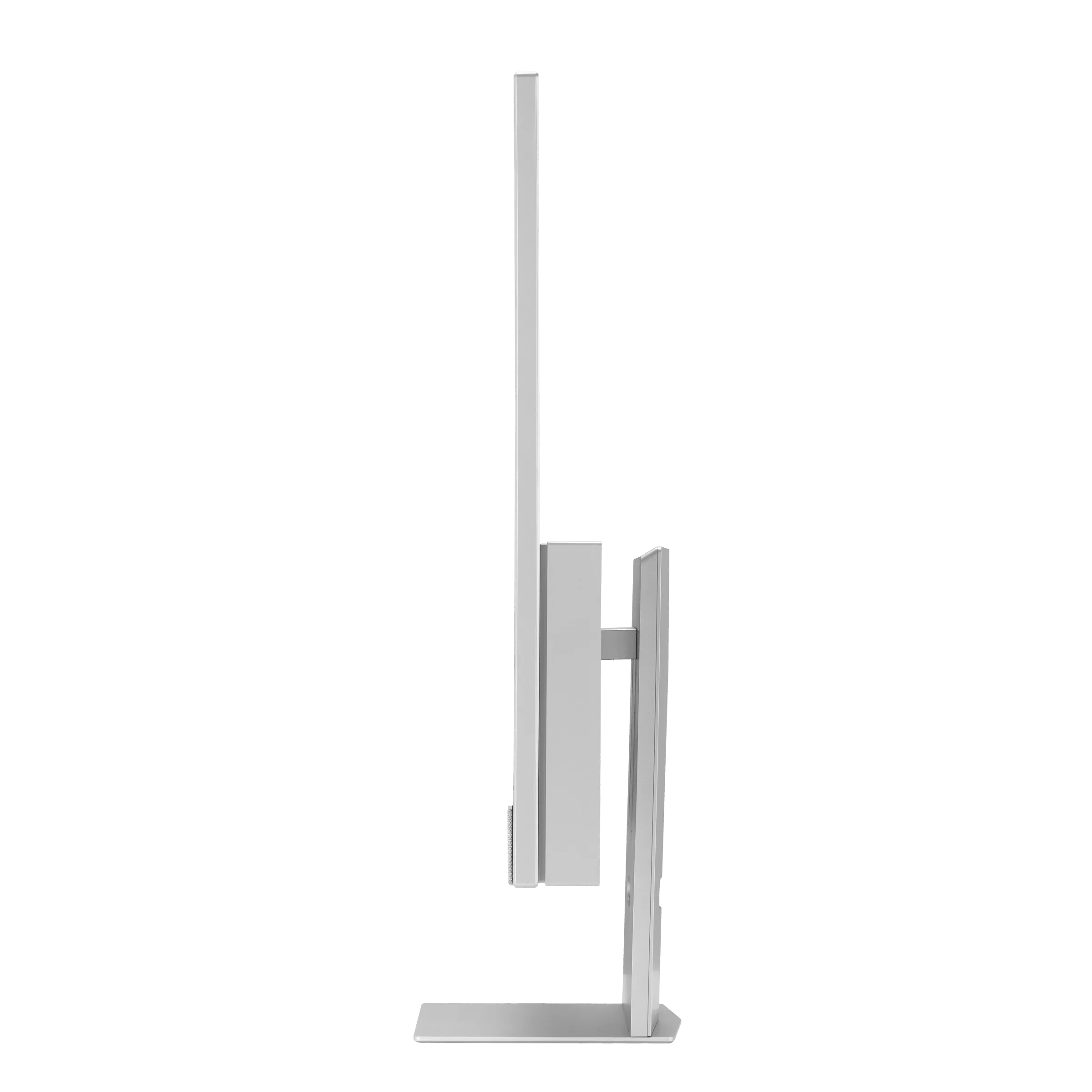 Egy fehér számítógép monitor oldalnézete fekete háttéren. A tartót és a képernyőt mutatja.