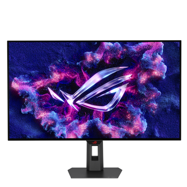 Egy gamer monitor egy absztrakt dizájnt jelenít meg egy logóval. A monitor fekete, egy állvánnyal. A háttér egy színes köd.
