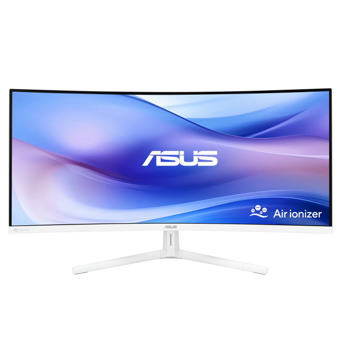 Egy fehér, ívelt ASUS monitor kék és lila háttérrel, a 'Air ionizer' felirattal a jobb oldalon.