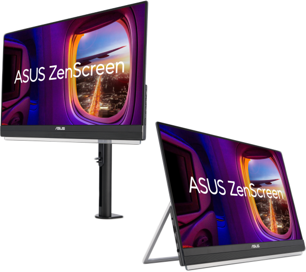 Két ASUS ZenScreen monitor, az egyik állványon, a másik állványon. A képernyők repülőgép ablakát mutatják.