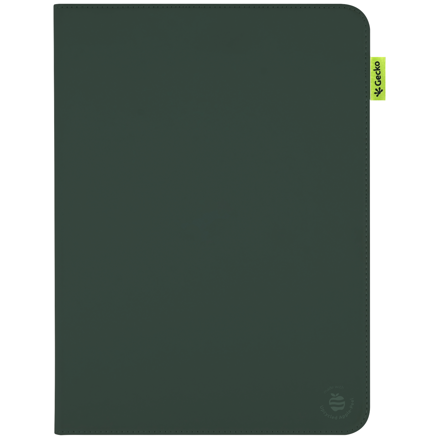A dark green tablet case. A green Gecko tag is on the side. The bottom shows "made with upcycled apple peel".