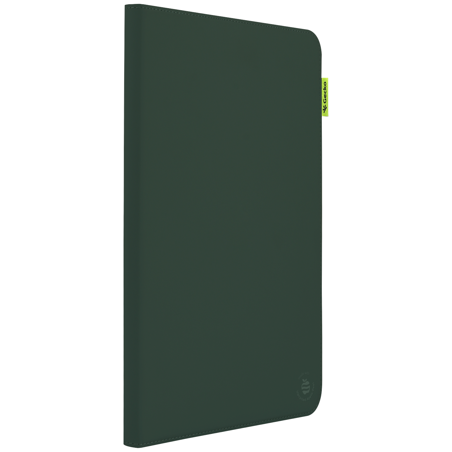 A dark green tablet case with a Gecko logo on the right side. The case is solid green. A small circular logo is at the bottom.