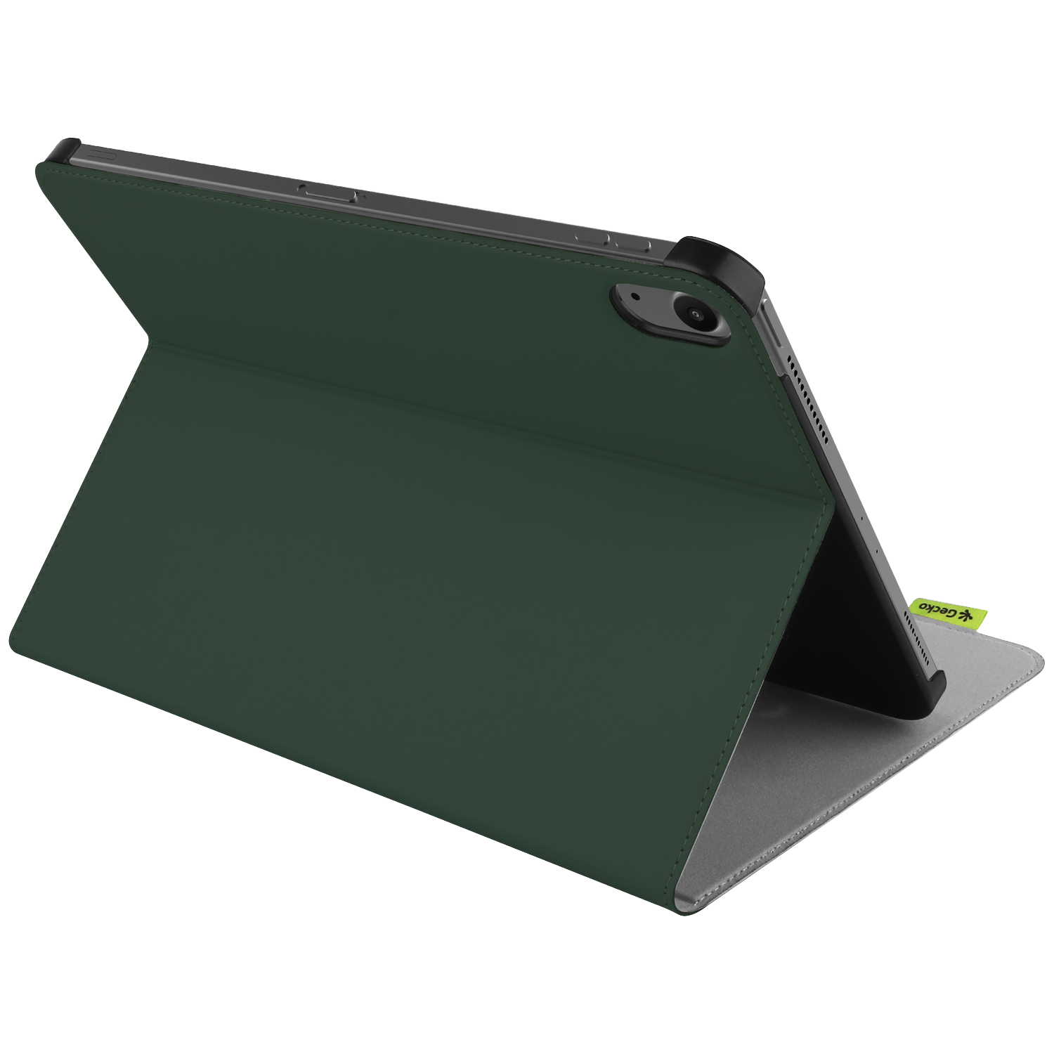 Green tablet case, open, with a gray interior. The case is angled, showcasing the tablet inside. A small green label is visible.