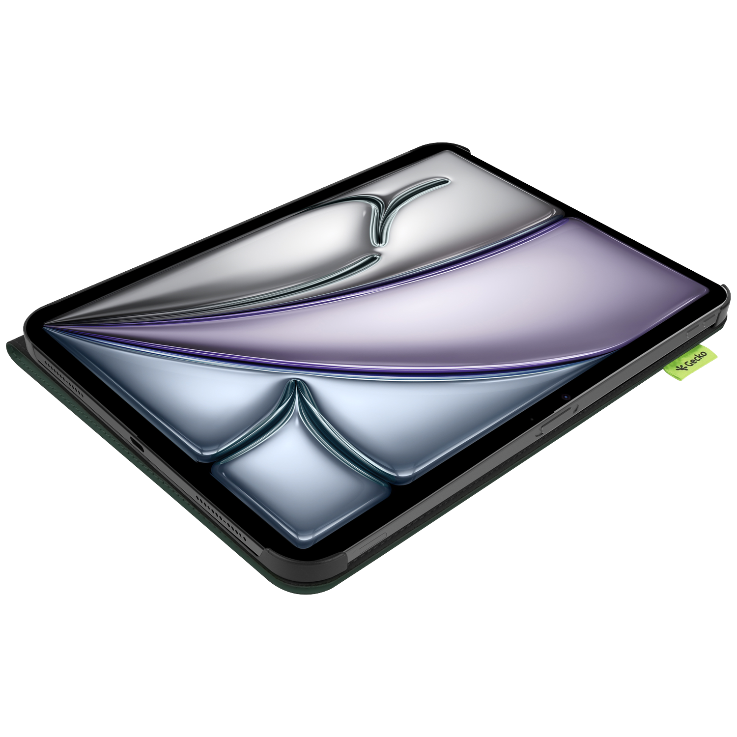 Tablet in a dark green case. The screen shows a reflective, abstract design with shades of silver and purple.