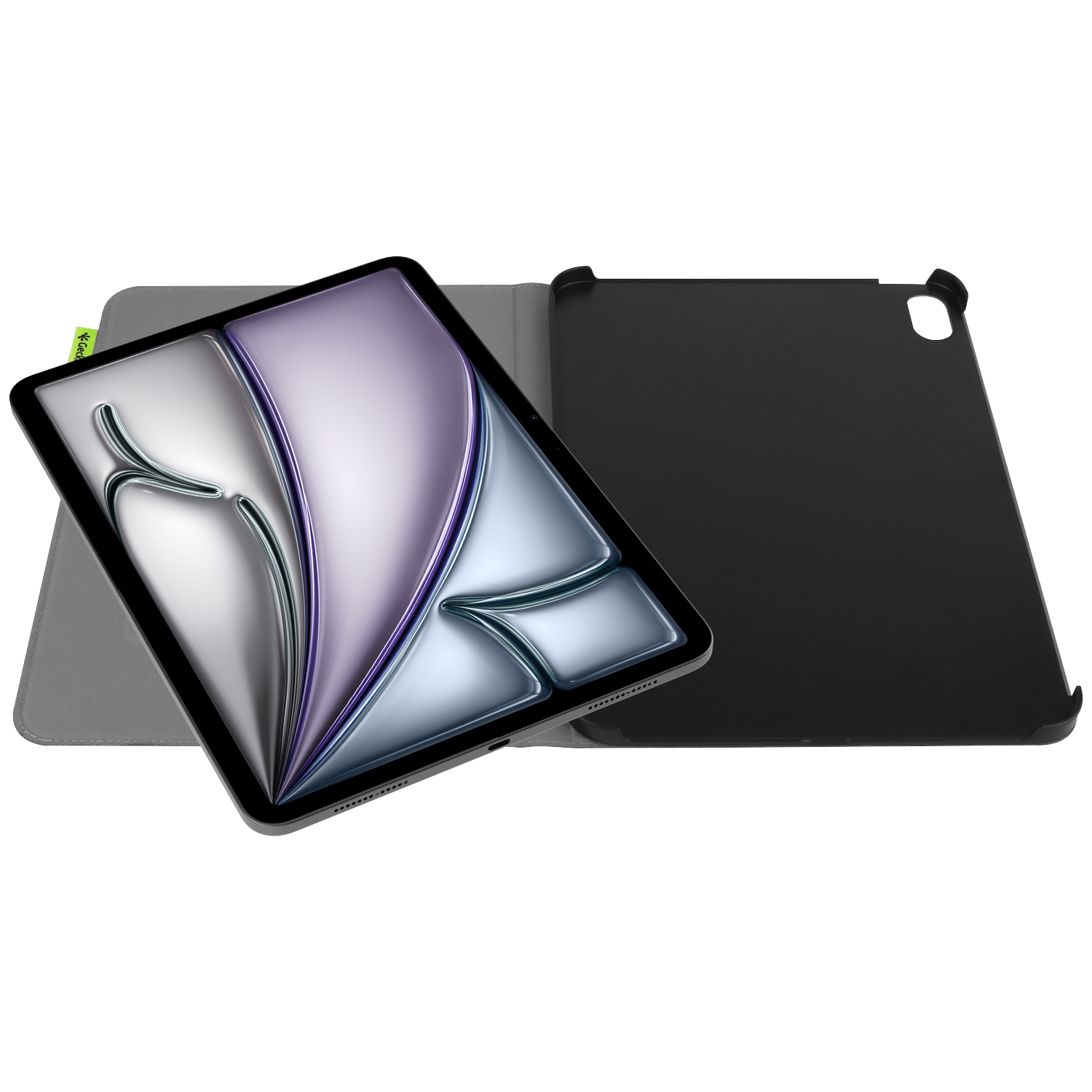 An open tablet with a decorative screen is next to a black tablet case on a white background.