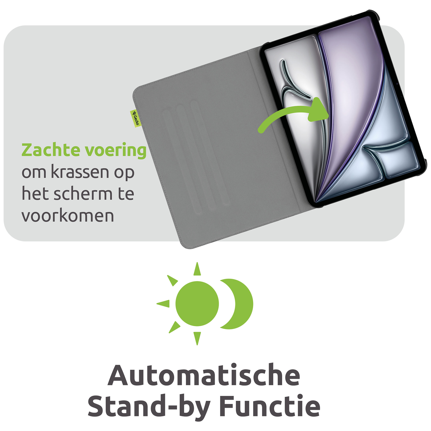 An open tablet case with a tablet inside. It has a green arrow and text about scratch protection and automatic standby function.