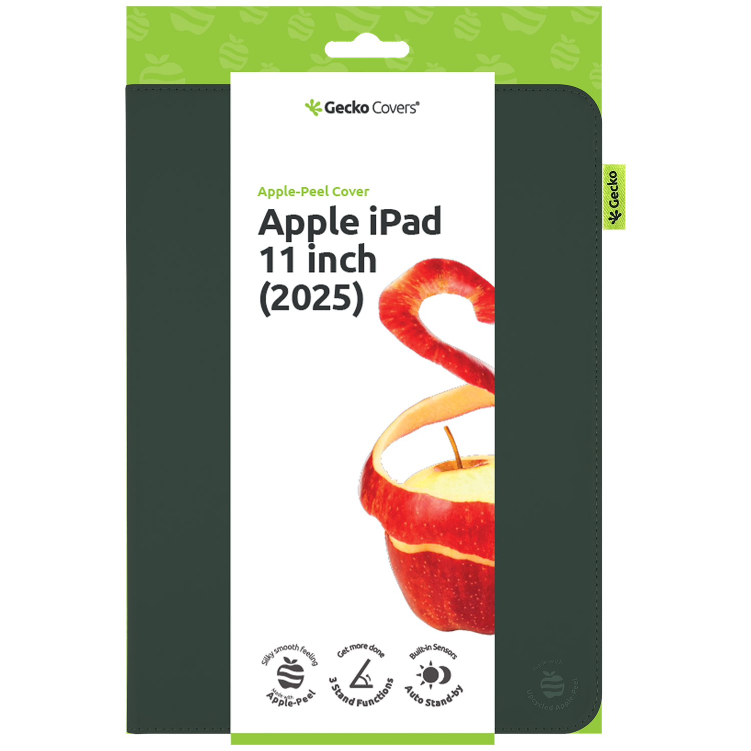 An iPad case with an apple peel design. Text: Apple iPad 11 inch (2025). Features: 3 stand functions, auto stand-by, silky smooth feeling.