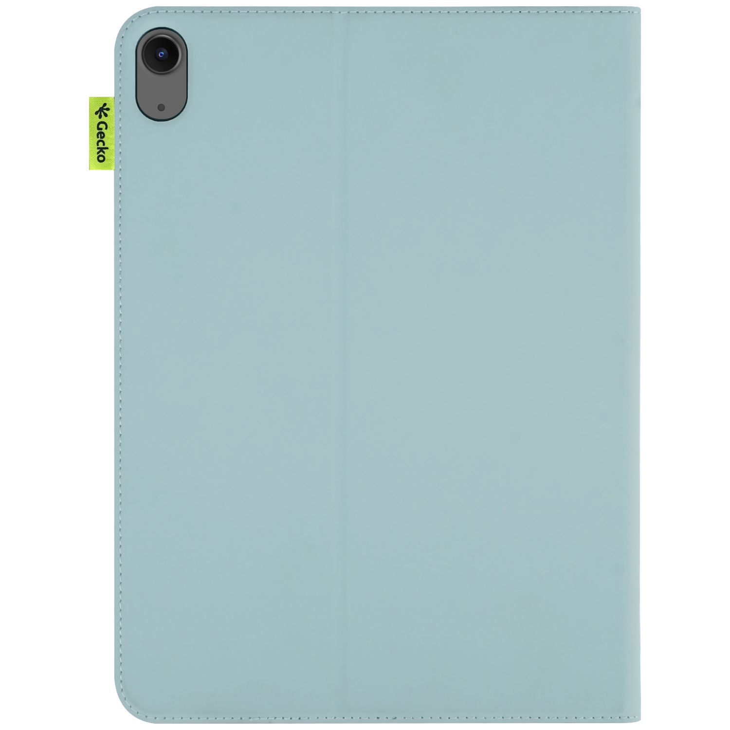 A light blue tablet case with a camera and a green Gecko label. The case is closed, showing a smooth surface.