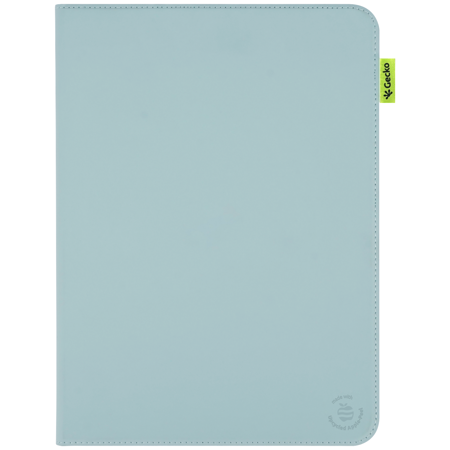 A light blue tablet case. It has a Gecko tag and a small 'Upcycled Apple-peel' logo. The stitching is visible on the side.