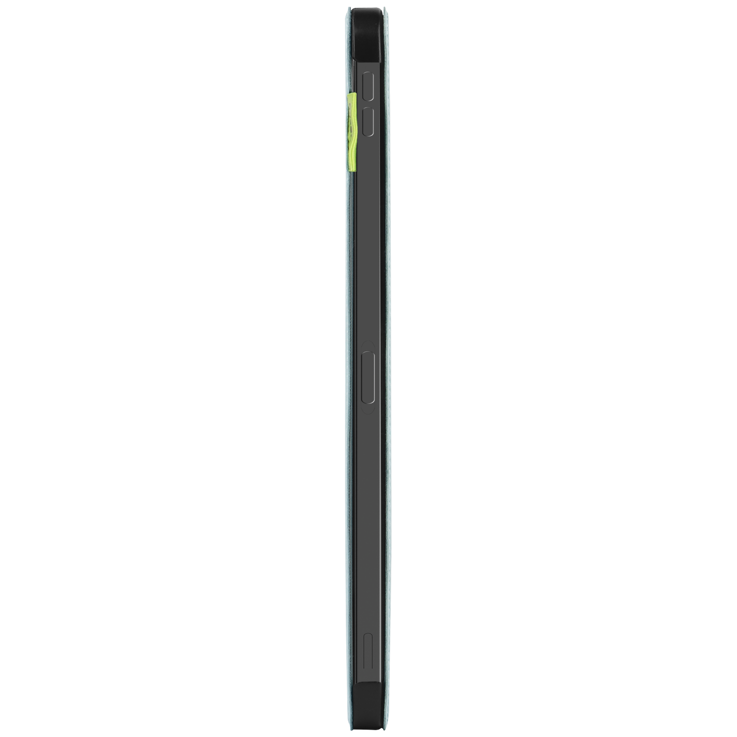 Side view of a smartphone in a case. The case is black with a light blue interior and a neon green accent.