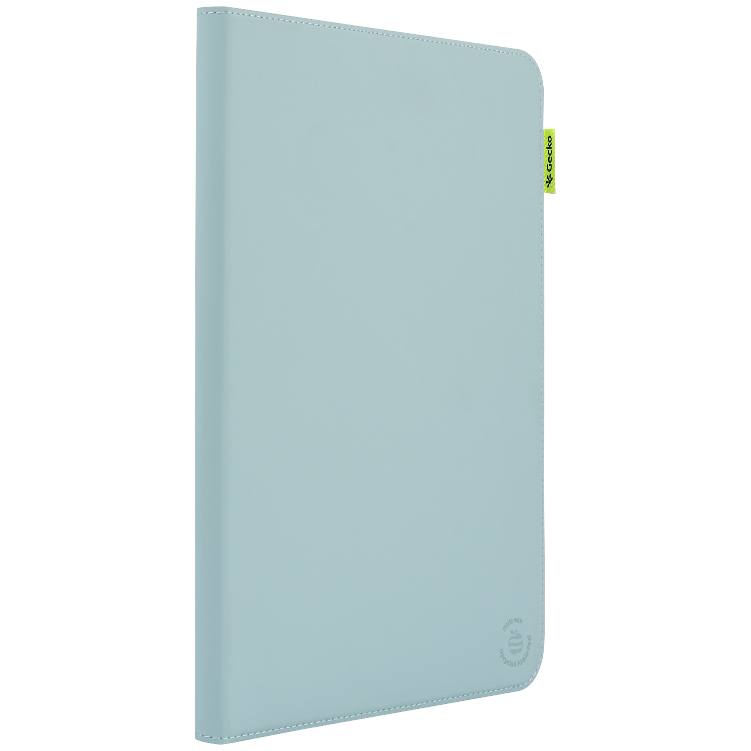 A light blue tablet case with a green Gecko tag. The case has stitching around the edges and a logo in the bottom right corner.