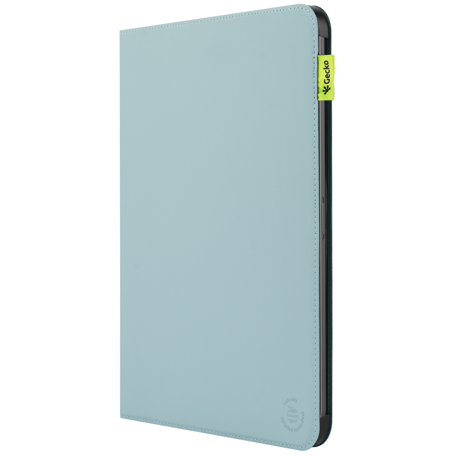 A light blue tablet case with a black border and a green Gecko tag.  The case is made with upcycled Apple peel.