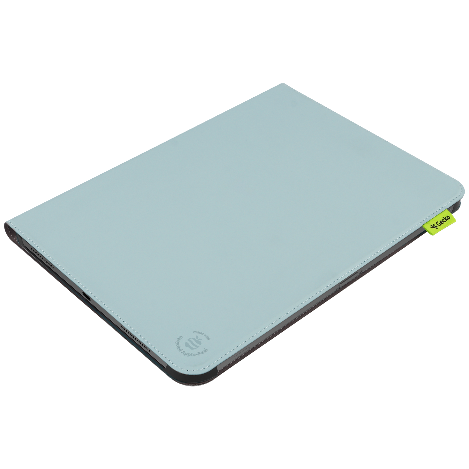 A light blue tablet case with a green Gecko tag. The case is on a white surface. Made with recycled apple peel.
