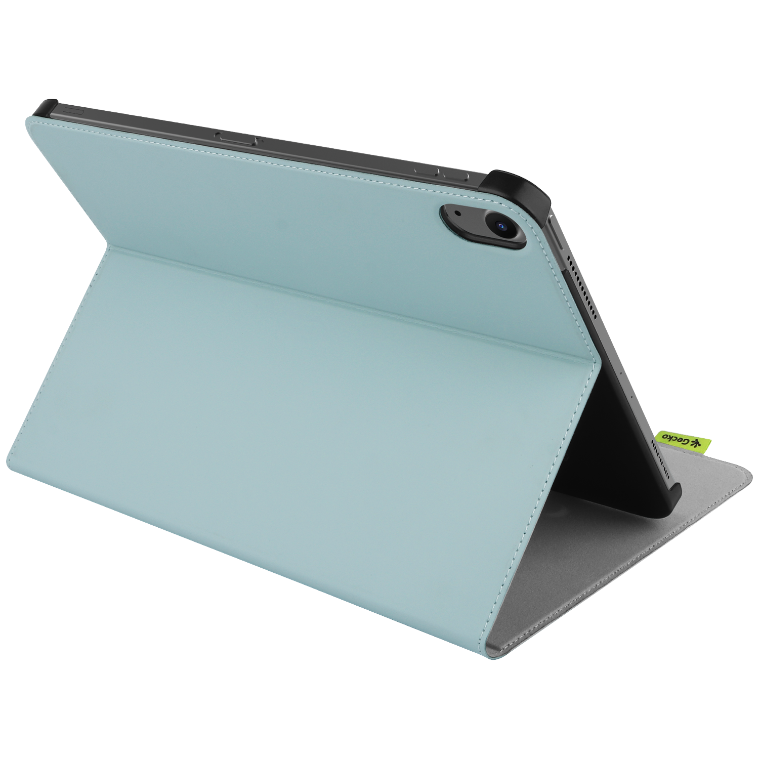 A light blue tablet case is open, propped up. The tablet is black. A Gecko tag is visible. The case is on a gray surface.