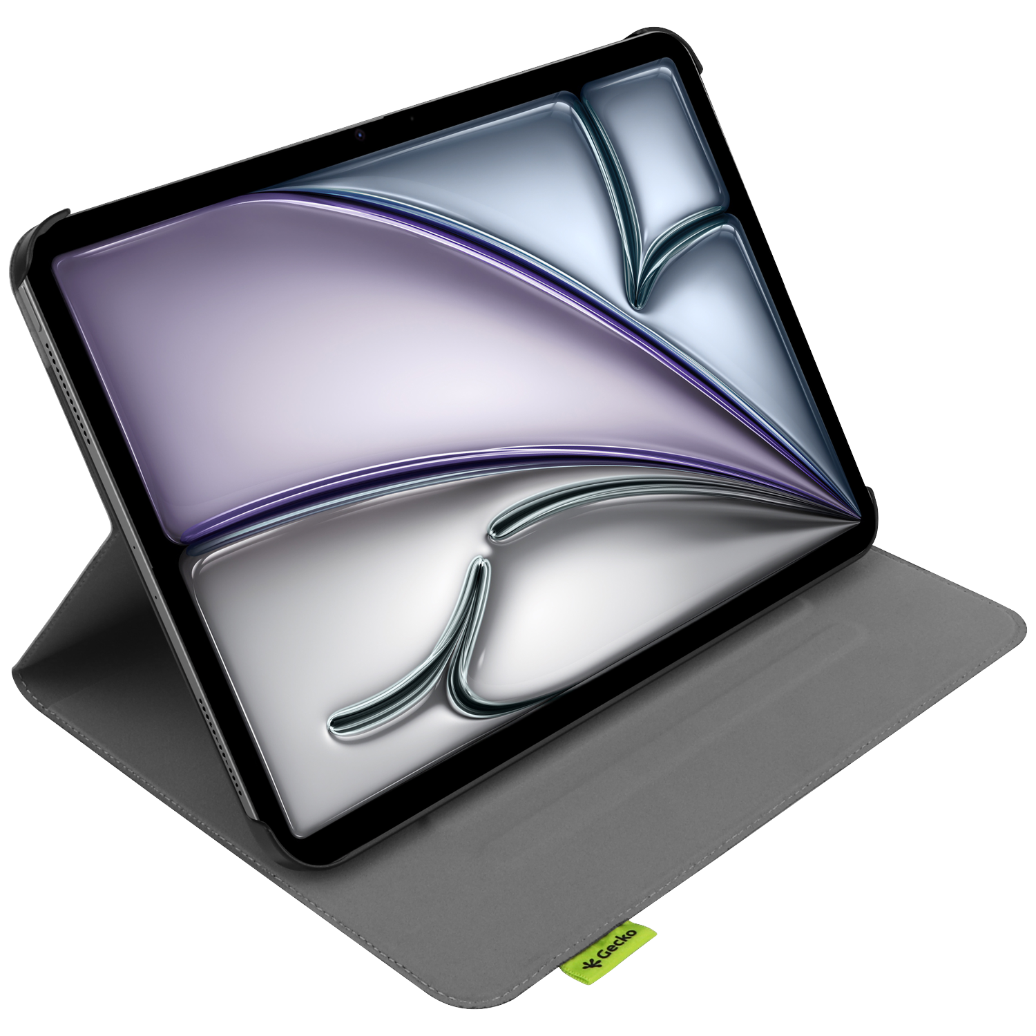 Tablet in a gray case, screen shows a silver and purple graphic. The case is open, with a green Gecko tag.