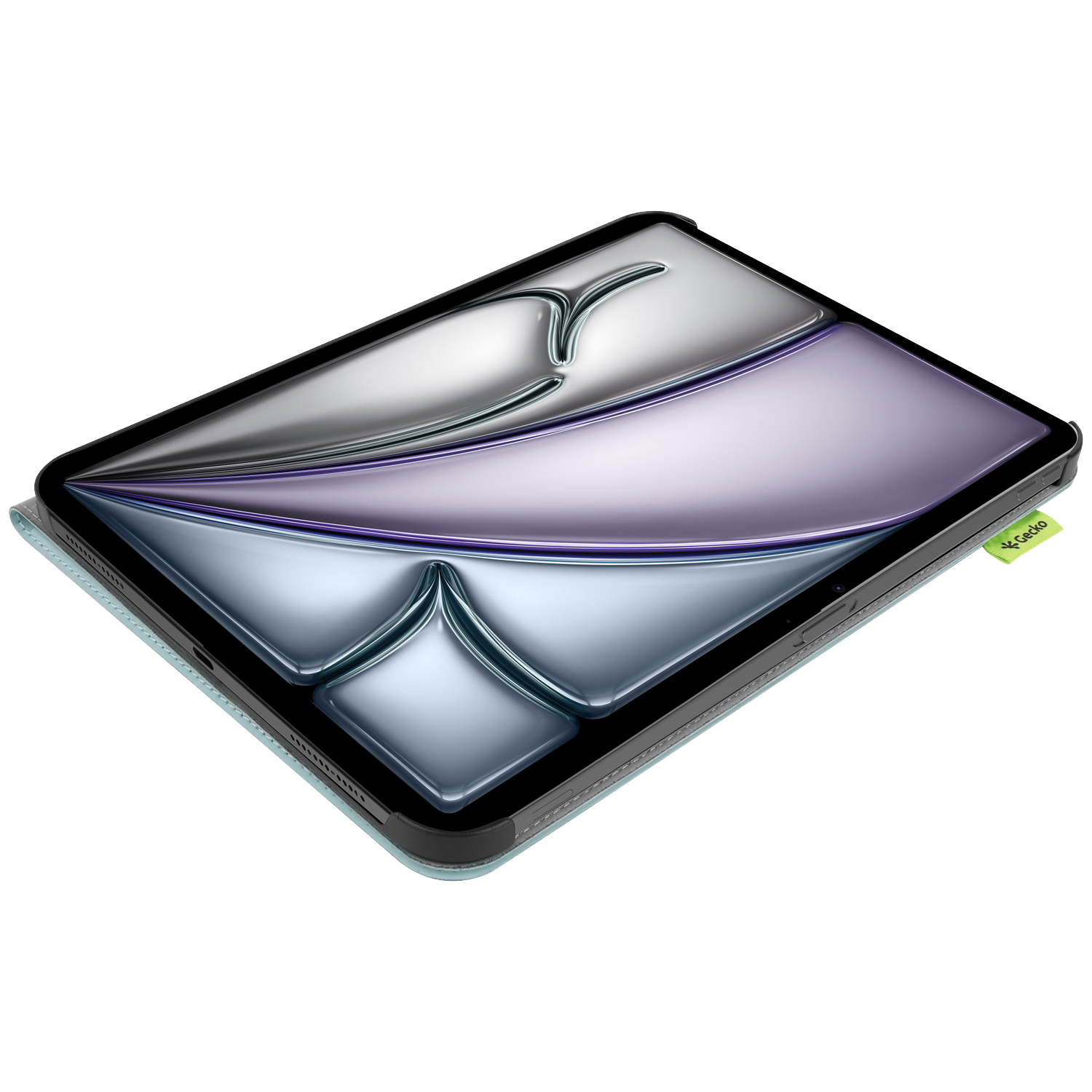 A tablet with a reflective screen is in a light blue case. The screen shows a stylized, metallic design with a purple hue.