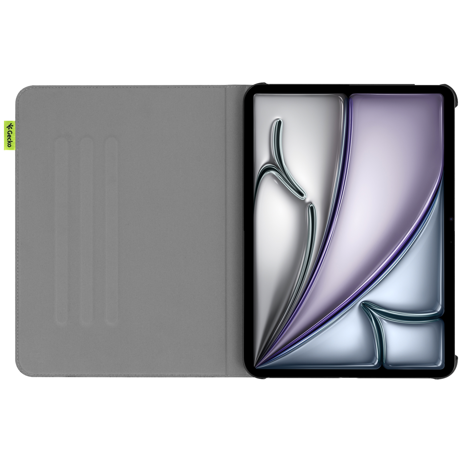 An open gray tablet case with a tablet inside. The tablet's screen displays a silver and purple design. The case has a gecko logo.