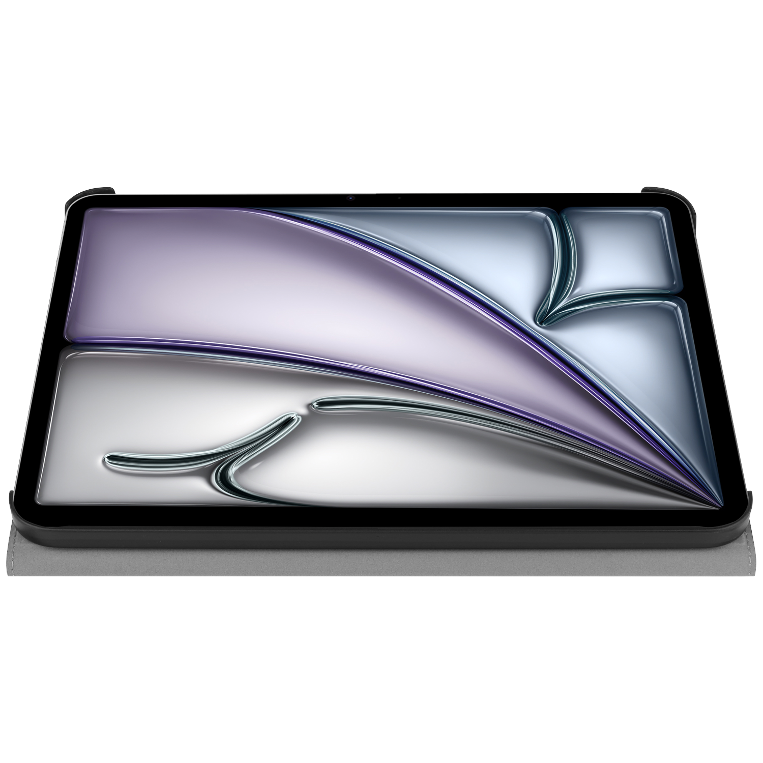 A tablet is displayed, featuring a screen with a purple and silver design. It's in a black case, resting on a gray surface.