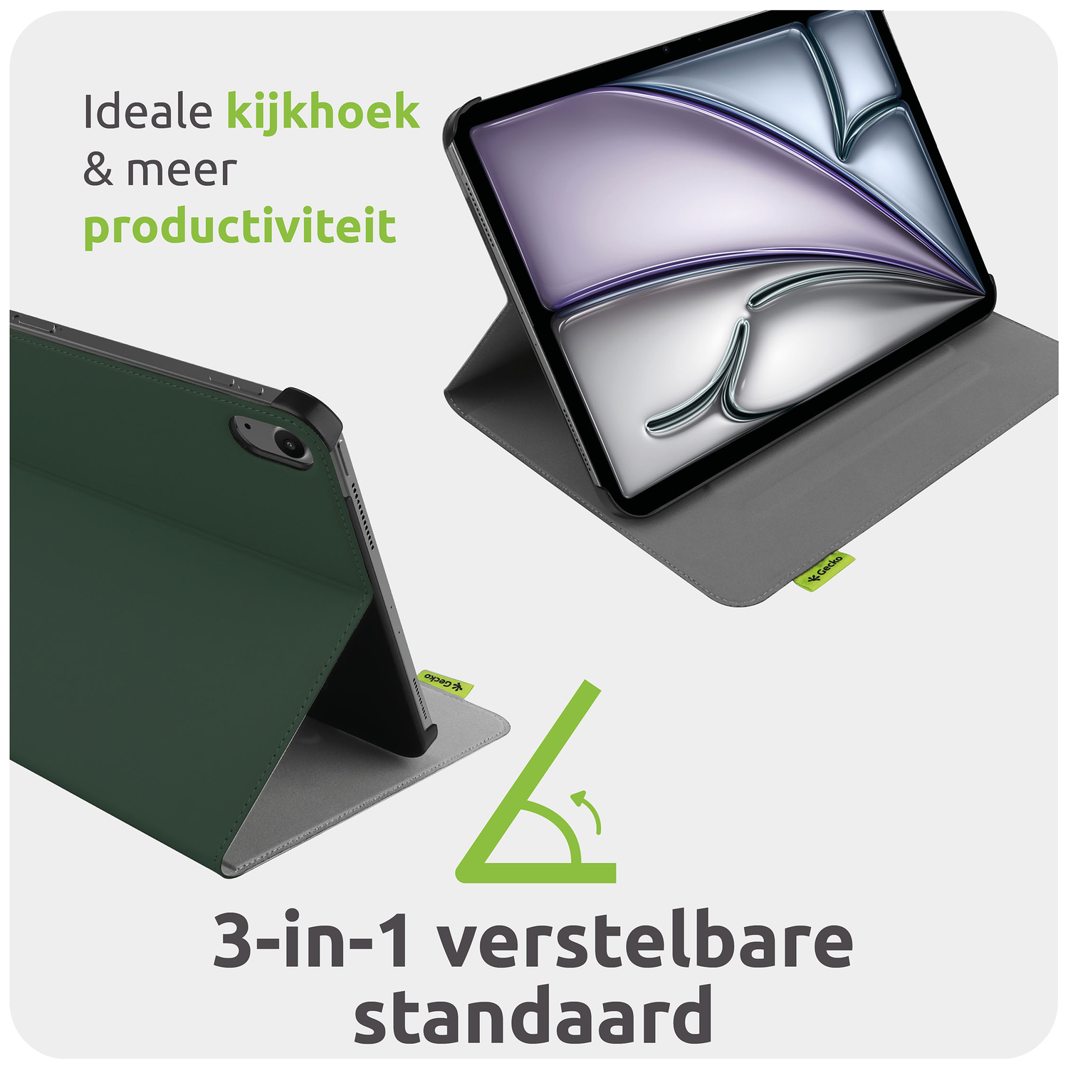 An iPad in a green and gray case, propped up. Text reads: Ideal viewing angle & more productivity. 3-in-1 adjustable stand.